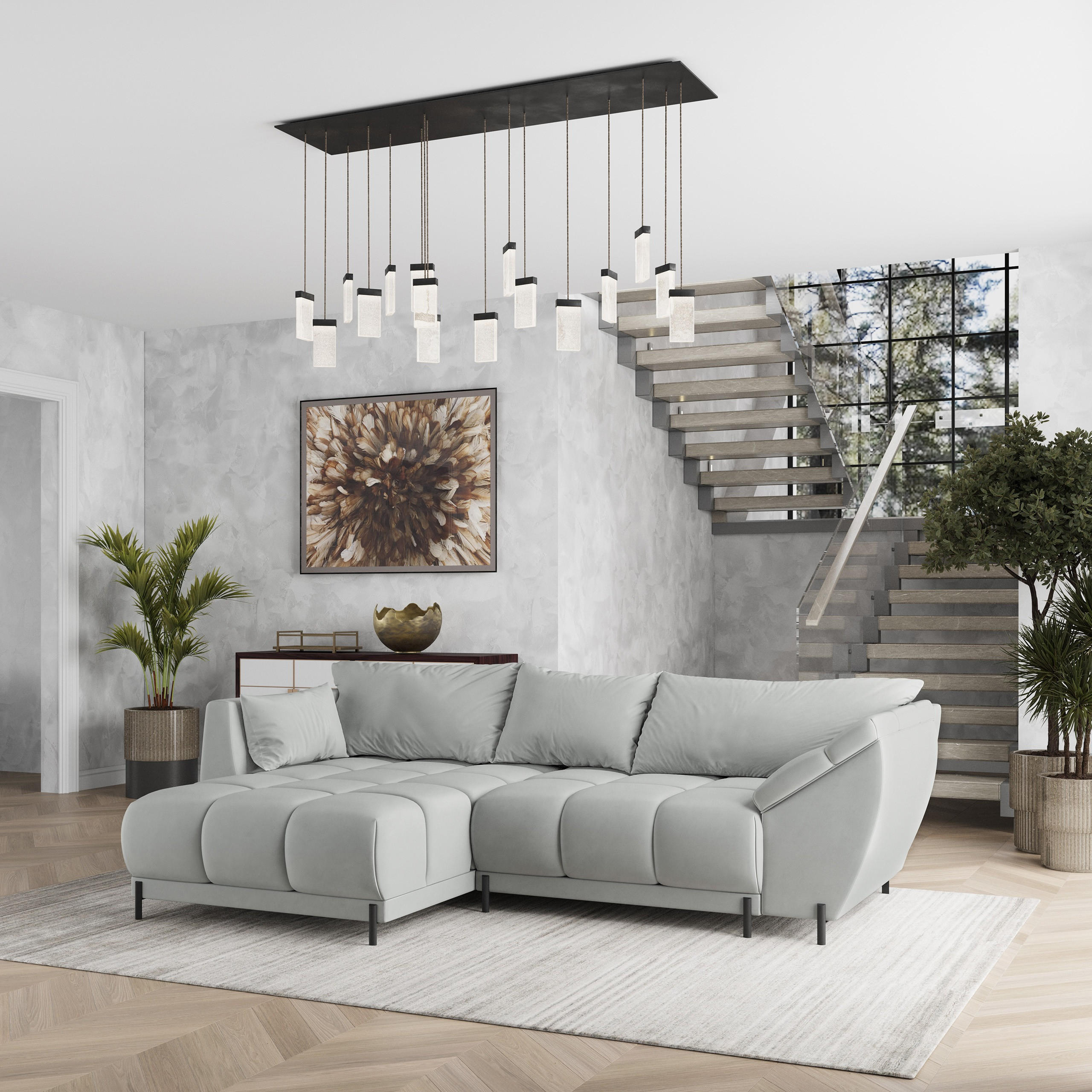 ECKSOFA VESTANO L-S Hellgrau Velours-Stoff mit Schlaffunktion - Hellgrau, Holz (287/182cm) - MASSENO