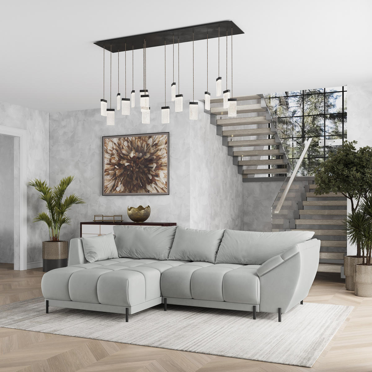 ECKSOFA VESTANO L-S Hellgrau Velours-Stoff mit Schlaffunktion - Hellgrau, Holz (287/182cm) - MASSENO