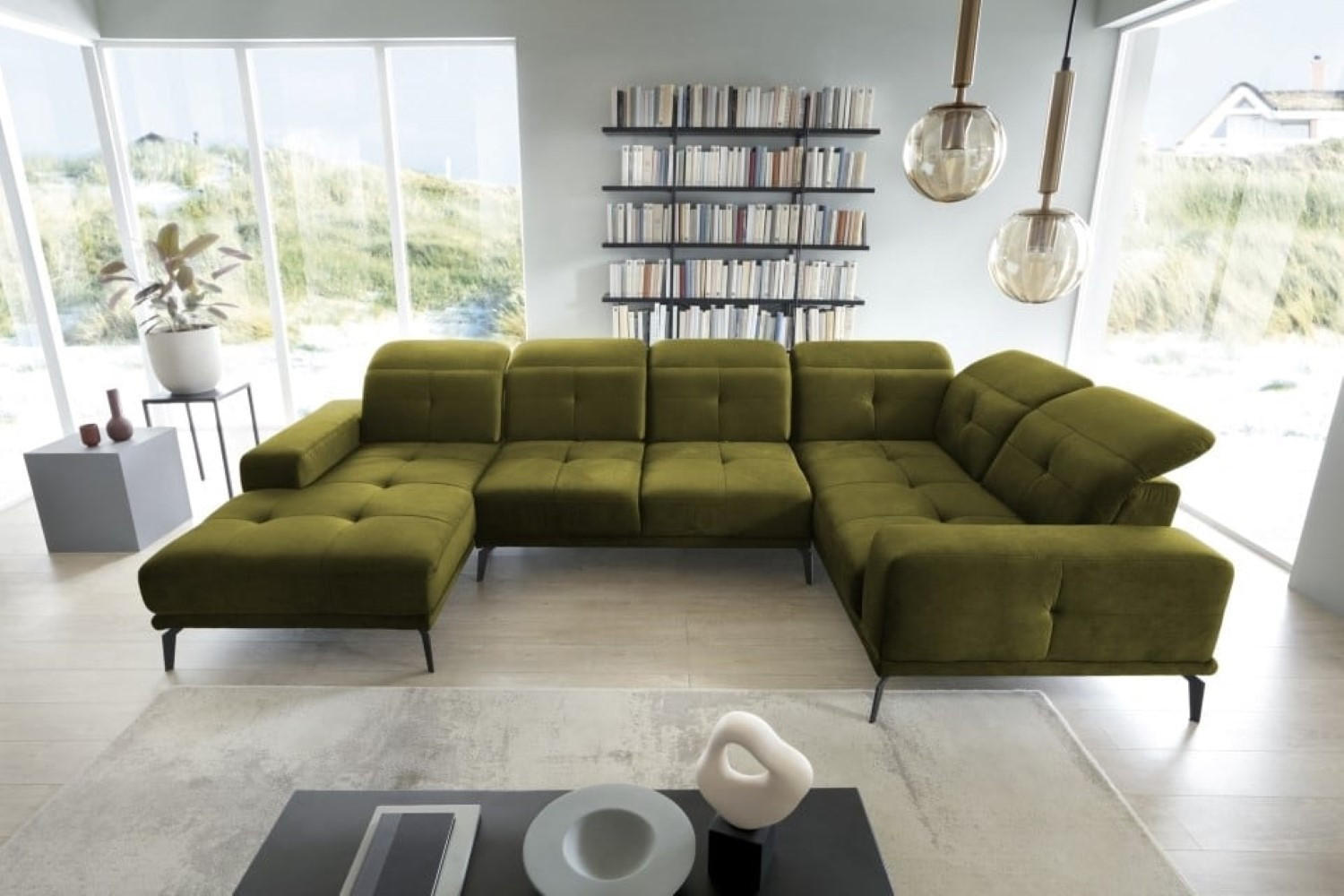 WOHNLANDSCHAFT mit Sitztiefenverstellung, wasserabweisender Nube-Stoff der Spitzenklasse - Schwarz/Grün, Textil/Metall (210/77/350cm) - Eltap
