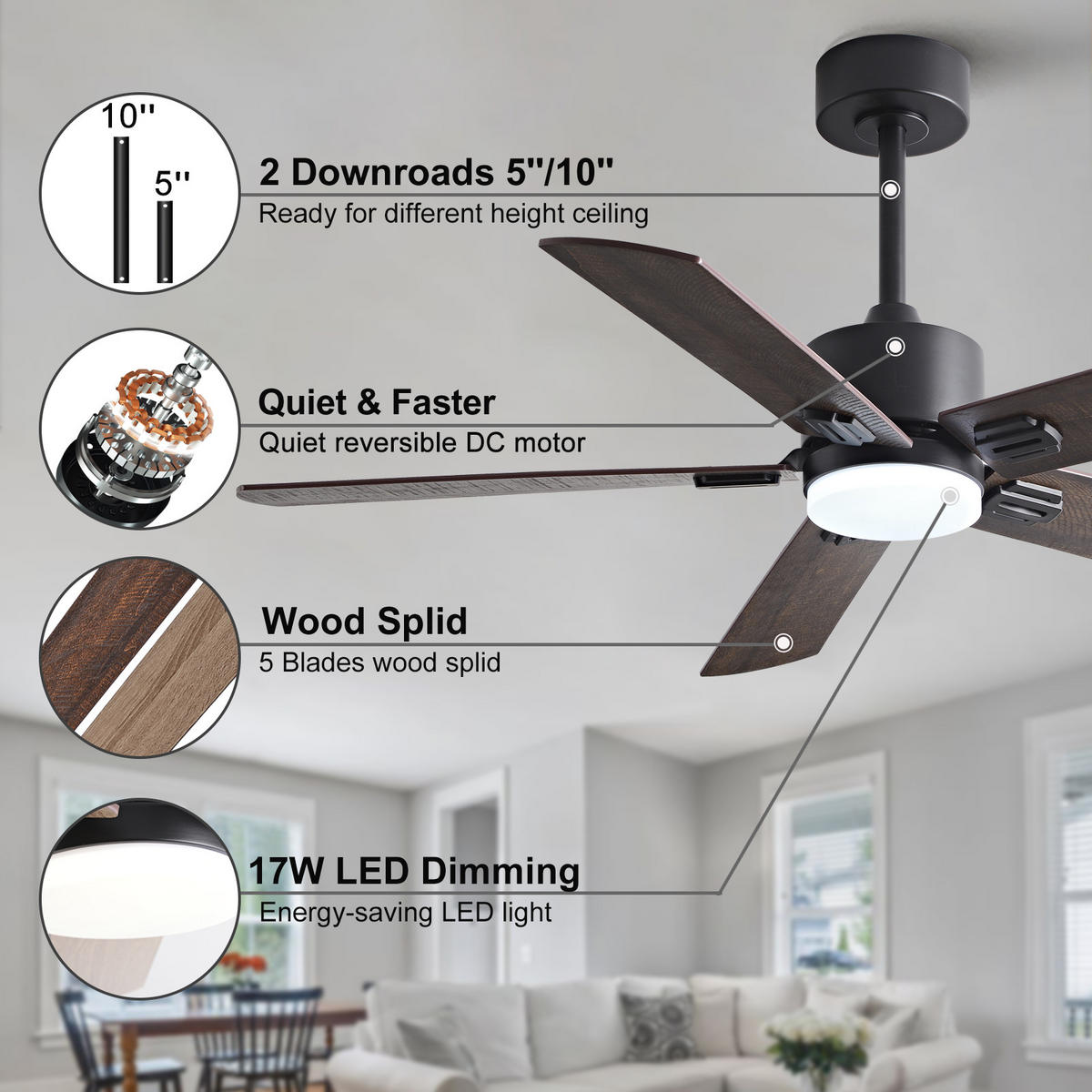 DECKENVENTILATOR DE-16245 42 Zoll mit Doppelfinish & Fernbedienung Schwarz - Walnussfarben, Holz/Metall (107/107/45cm) - ComfortXL