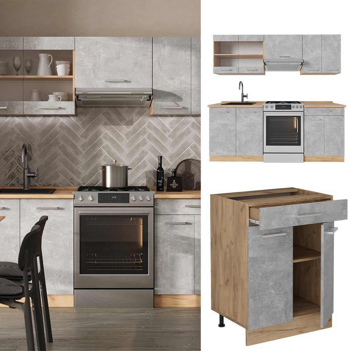 KITCHENETTE R-Line Beton / stejar auriu 200 cm , AP Antracit - stejar miere/gri, compozit lemnos (200/81.6/60cm) - Vicco
