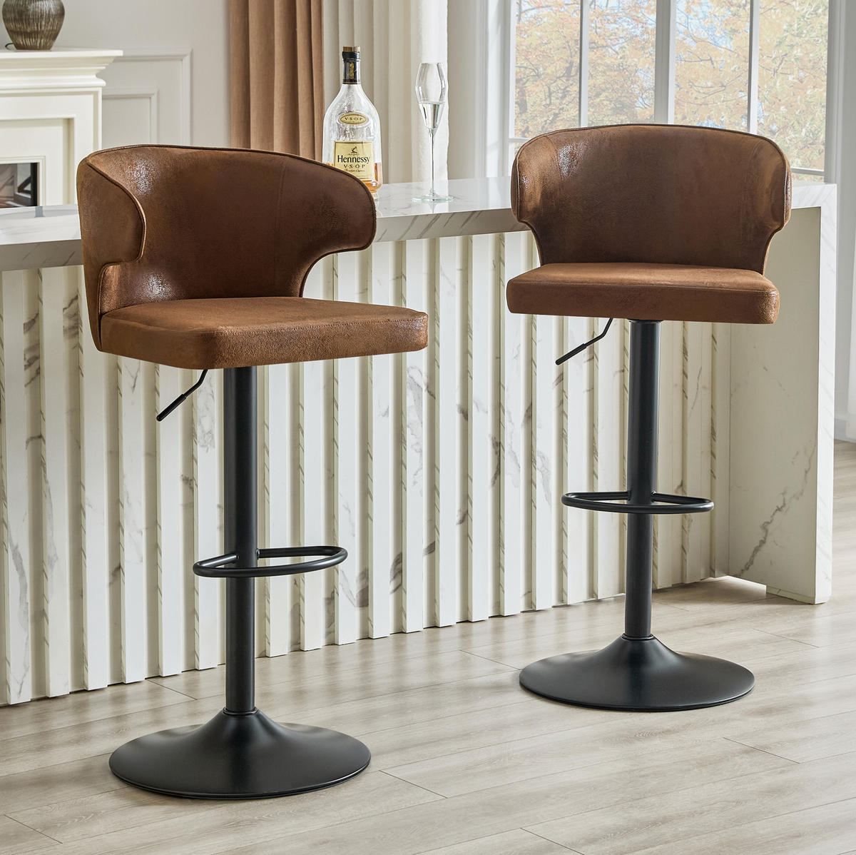 BARHOCKER 2er-Set höhenverstellbar, drehbar, mit Lehne, Braun - Braun, Metall (45/110/49.7cm) - Meubliv