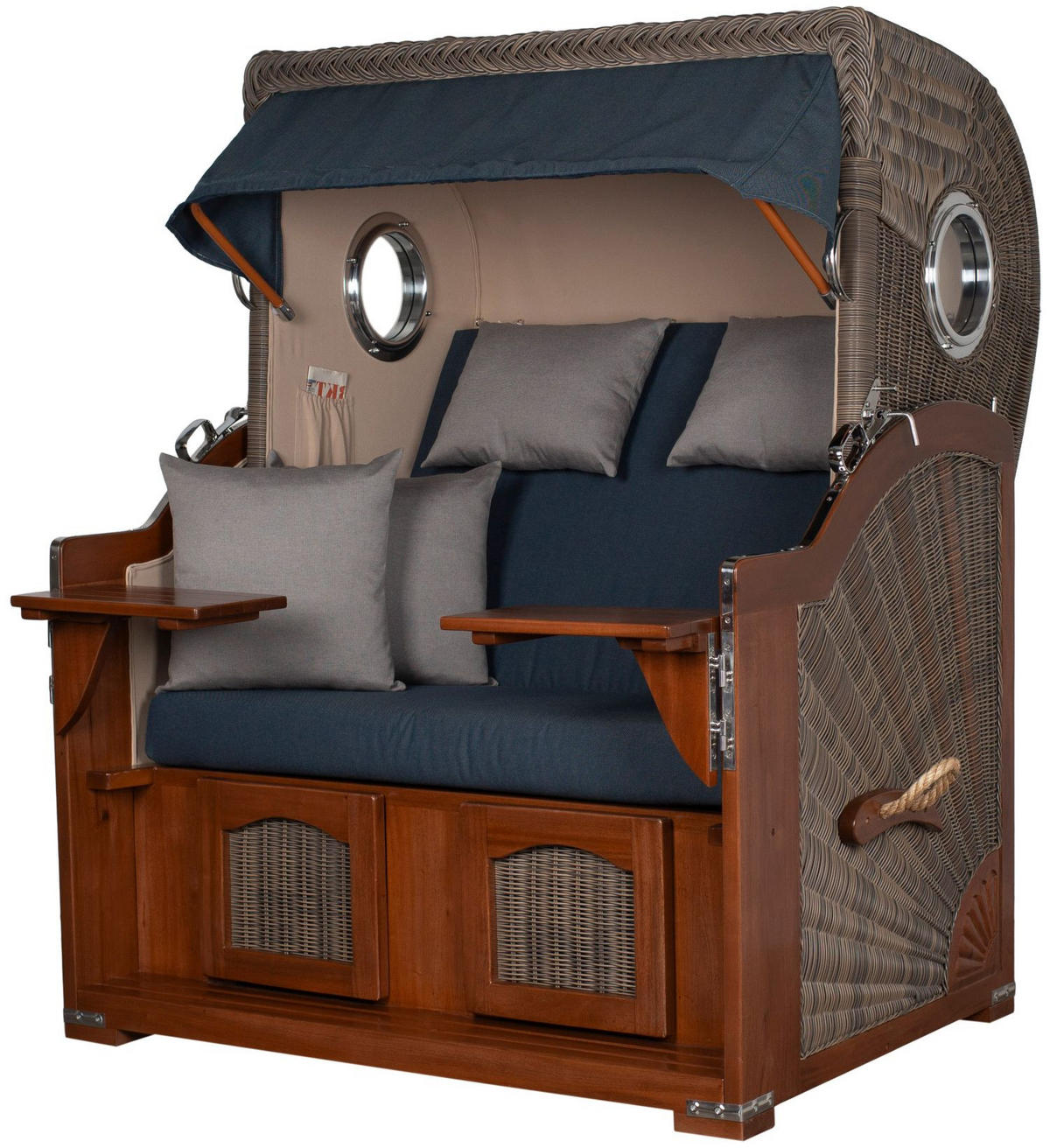 STRANDKORB Komplettset: Ammersee Mahagoni Bullauge - PE grau - Modell 593 - Grau, Holz/Kunststoff (125/165/80cm) - bene living