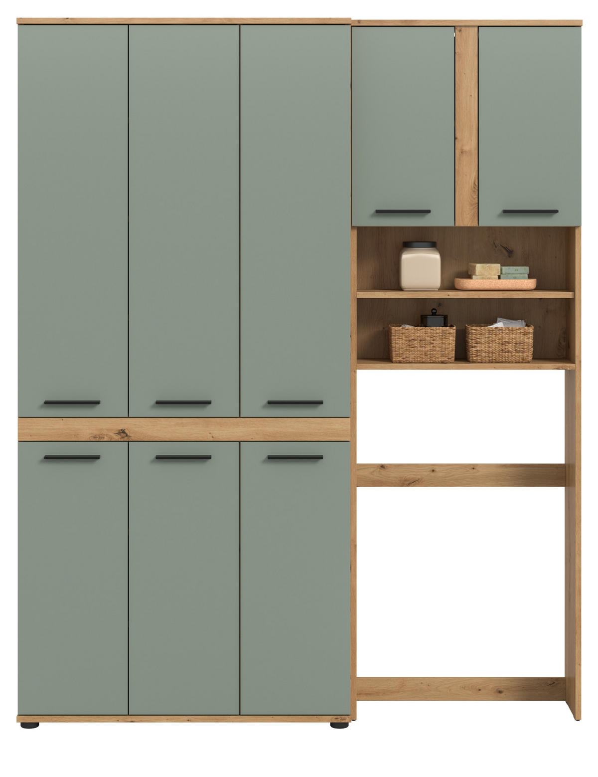 HOCHSCHRANK Set Salbei grün, Eiche Artisan 153 x 191 cm, Badschrank XXL - Salbeigrün/Schwarz, Holzwerkstoff/Kunststoff (153/191/31cm) - Inn.Furn