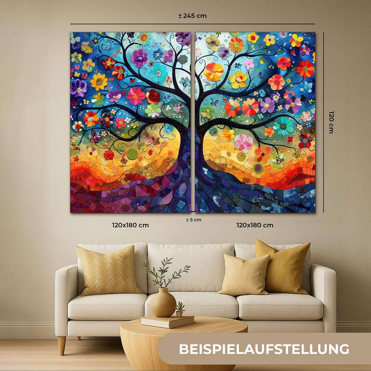 LEINWANDBILD 2er Set Bunt - Baum des Lebens - Blumen - Abstrakt 240x180 cm - Blau, Textil (240/180cm) - MuchoWow