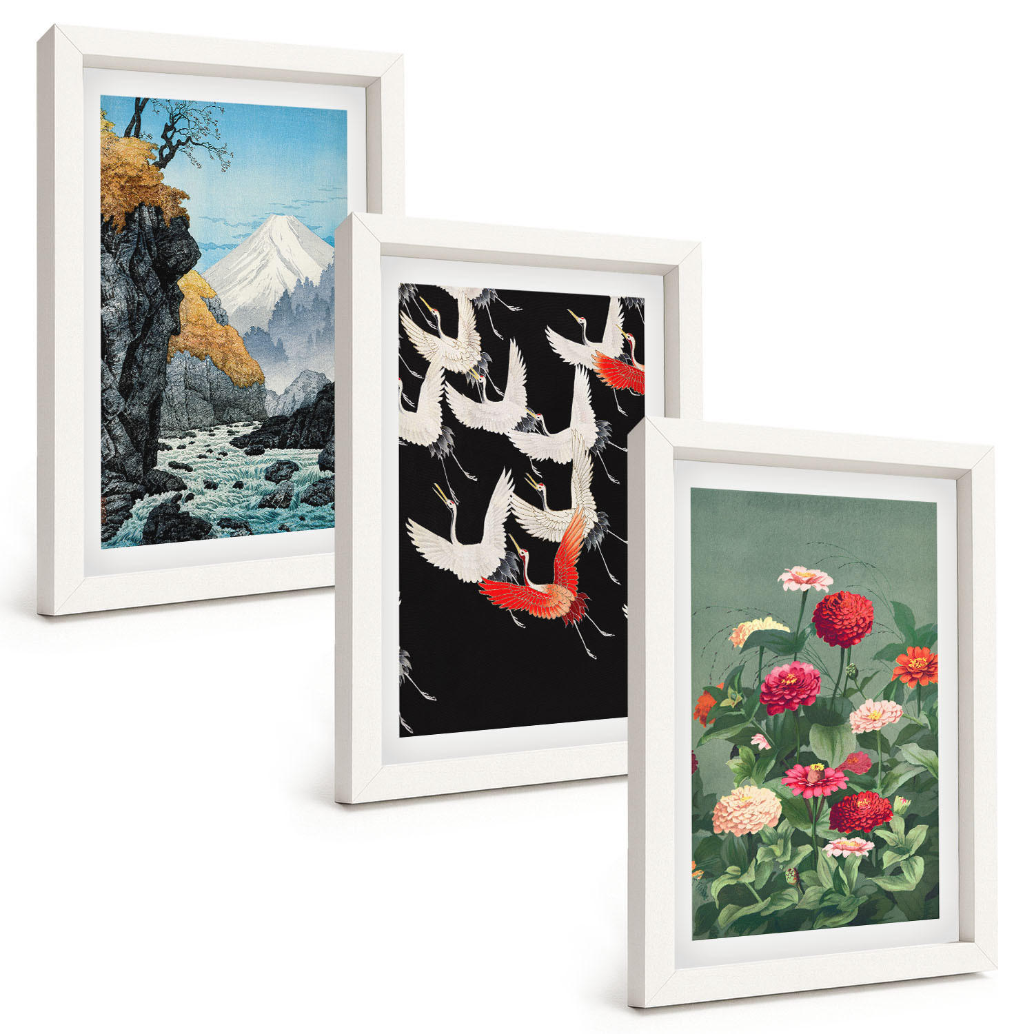 BILDER SET 3er Set - 20x30 cm Weißer Rahmen - Berge, Wasserfälle, Vögel, Blumen - Weiß, Kunststoff (20/30cm) - TULUP