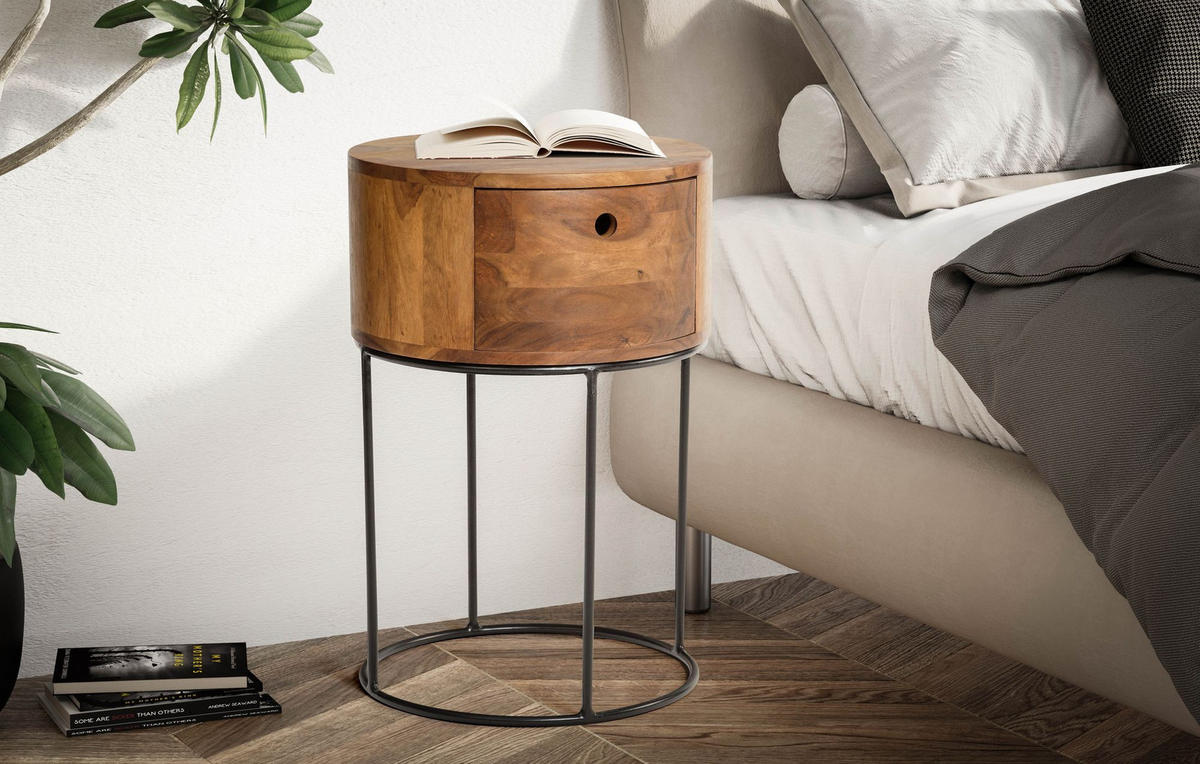 NACHTTISCH Mango Massivholz Metall Rund Schublade Stauraum, Dunkelbraun 40x40x60 cm - Sheeshamfarben/Schwarz, Holz/Metall (40/60/40cm) - KADIMA DESIGN