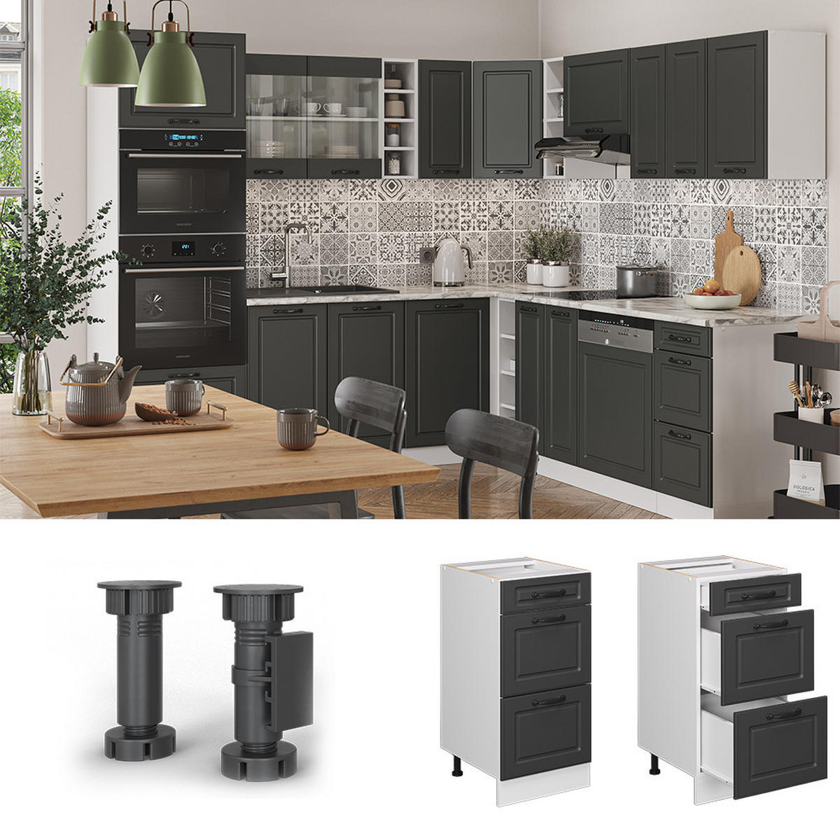 KÜCHENUNTERSCHRANK R-Line Anthrazit Landhaus 40 cm mit Schubladen AP Eiche - Anthrazit/Weiß, Holzwerkstoff (40/81.6/60cm) - Vicco
