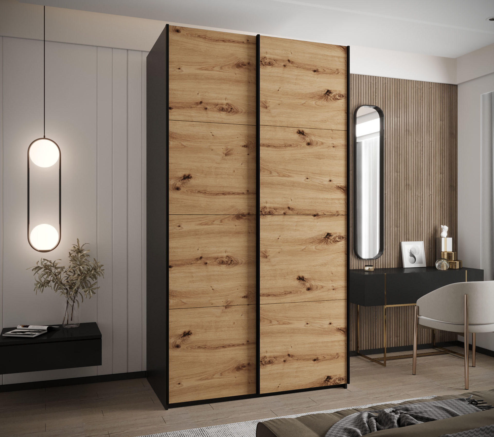 SCHWEBETÜRENSCHRANK 245,5/140/64 2-türig - Schwarz/Eiche Artisan, Holz/Metall (140/245/64cm) - Abiks Möbel