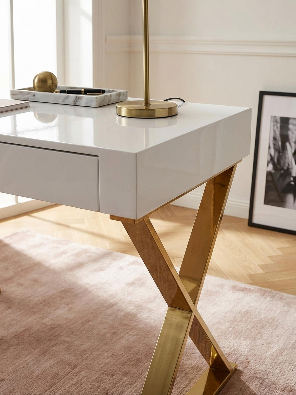 SCHREIBTISCH – Weiß Hochglanz, goldene Beine, 2 Schubladen, modern - Goldfarben/Weiß, Holz/Metall (57/118/76cm) - KADIMA DESIGN