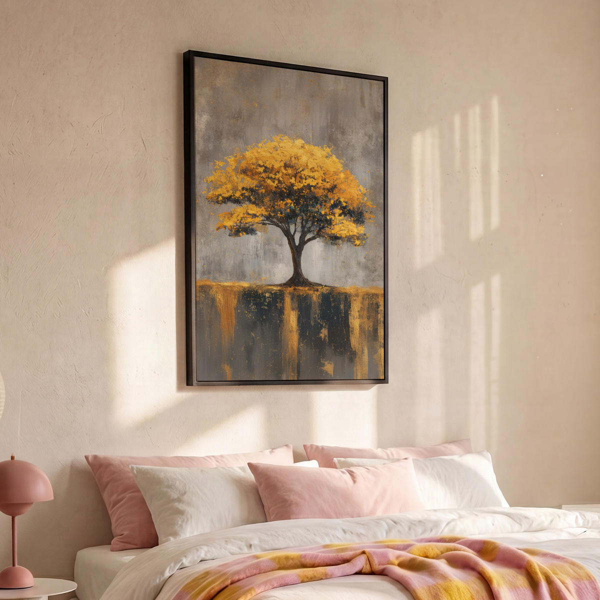 LEINWAND Bilder mit Rahmen - Baum - Blätter - Gold - Abstrakt - 80x120 - Grau, Textil (80/120cm) - MuchoWow