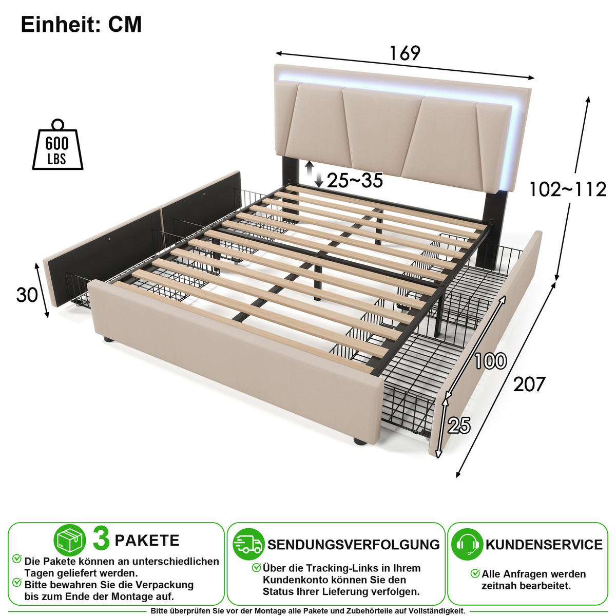 POLSTERBETT 160/200 cm in Beige mit 4 Schubladen und LED Stoff - Beige, Holzwerkstoff/Textil (160/200cm) - CHICFURN