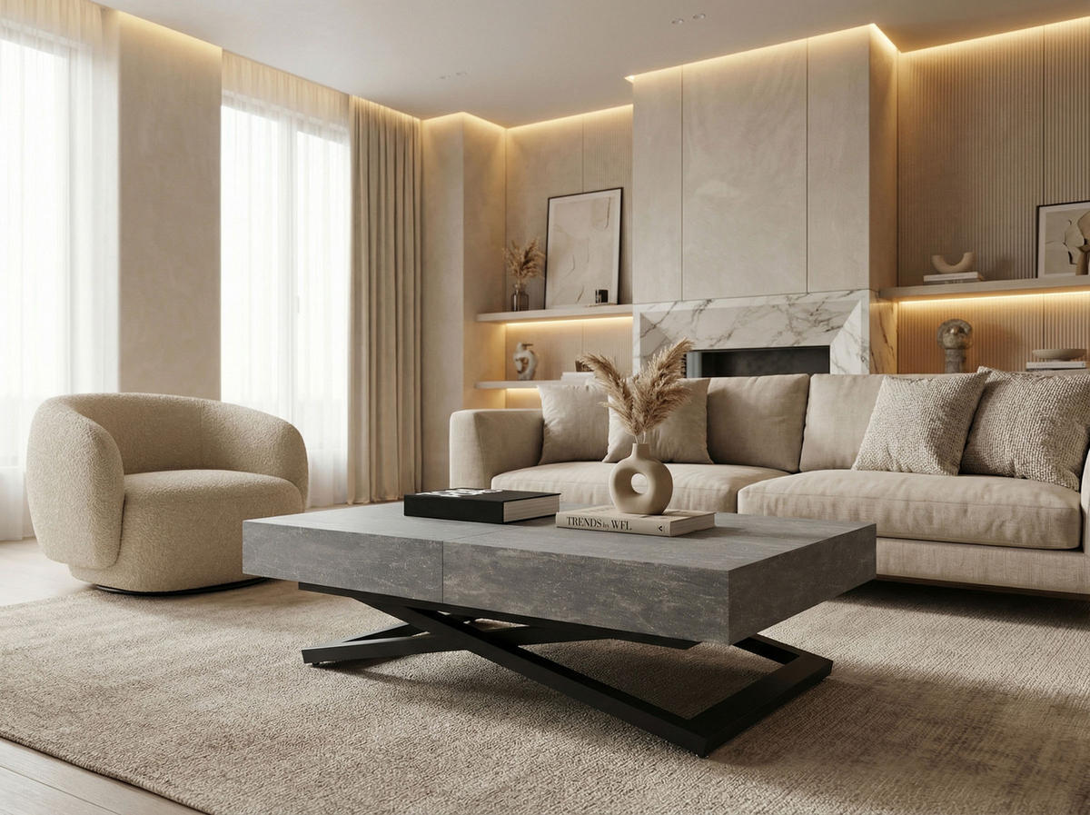 COUCHTISCH Cavetta U höhenverstellbar ausziehbar, Grauer Beton 120-200/80/27-76 cm - Hellgrau/Schwarz, Holzwerkstoff/Metall (80/120/76cm) - WFL GROUP