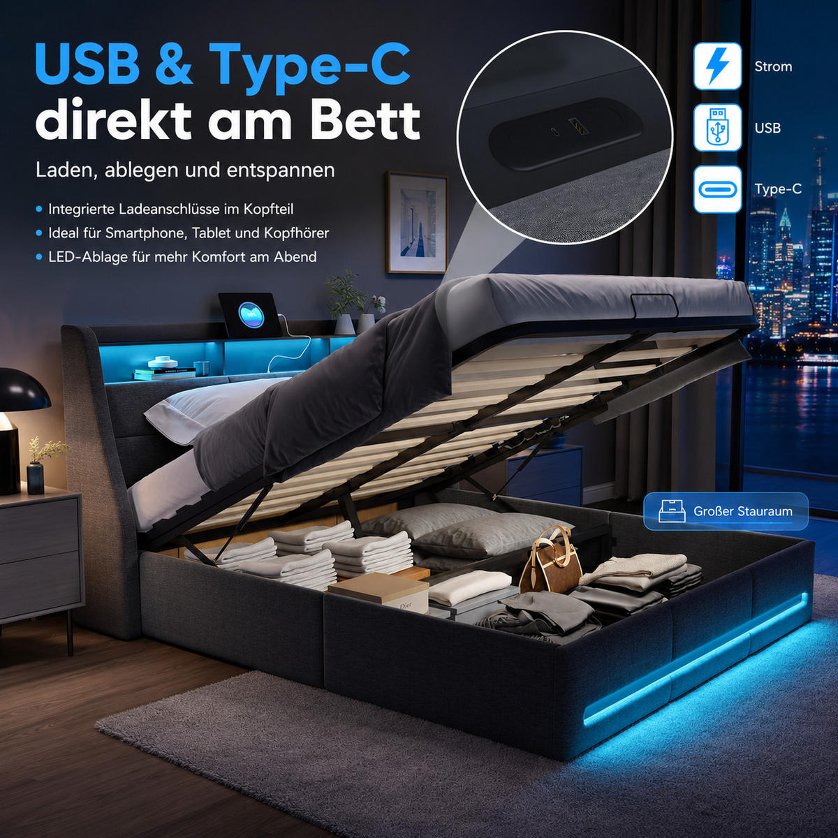POLSTERBETT 140/190 cm Grau mit Bettkasten, LED, USB-Anschlüssen, Kopfteil-Ablage und Lattenrost - Grau, Holz/Metall (140/190cm) - Joyfair