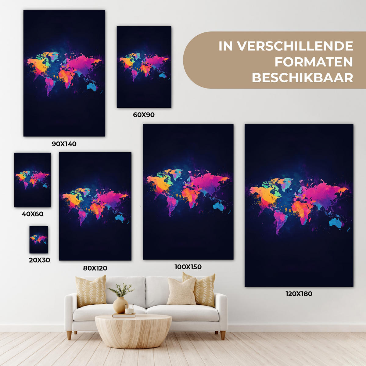 LEINWANDBILD Weltkarte - Bunt - Graffiti Deko Wohnzimmer 20x30 cm - Multicolor, Textil (20/30cm) - MuchoWow