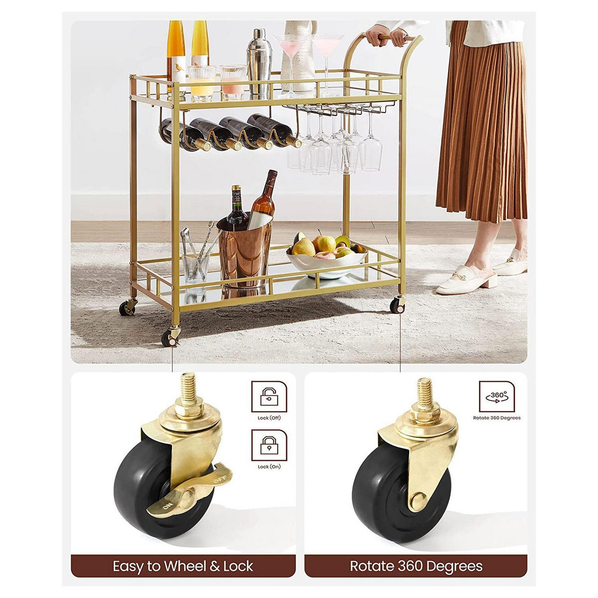 SERVIERWAGEN MIT GLASPLATTEN - Goldfarben, Metall (38/78/80cm) - Hansiro