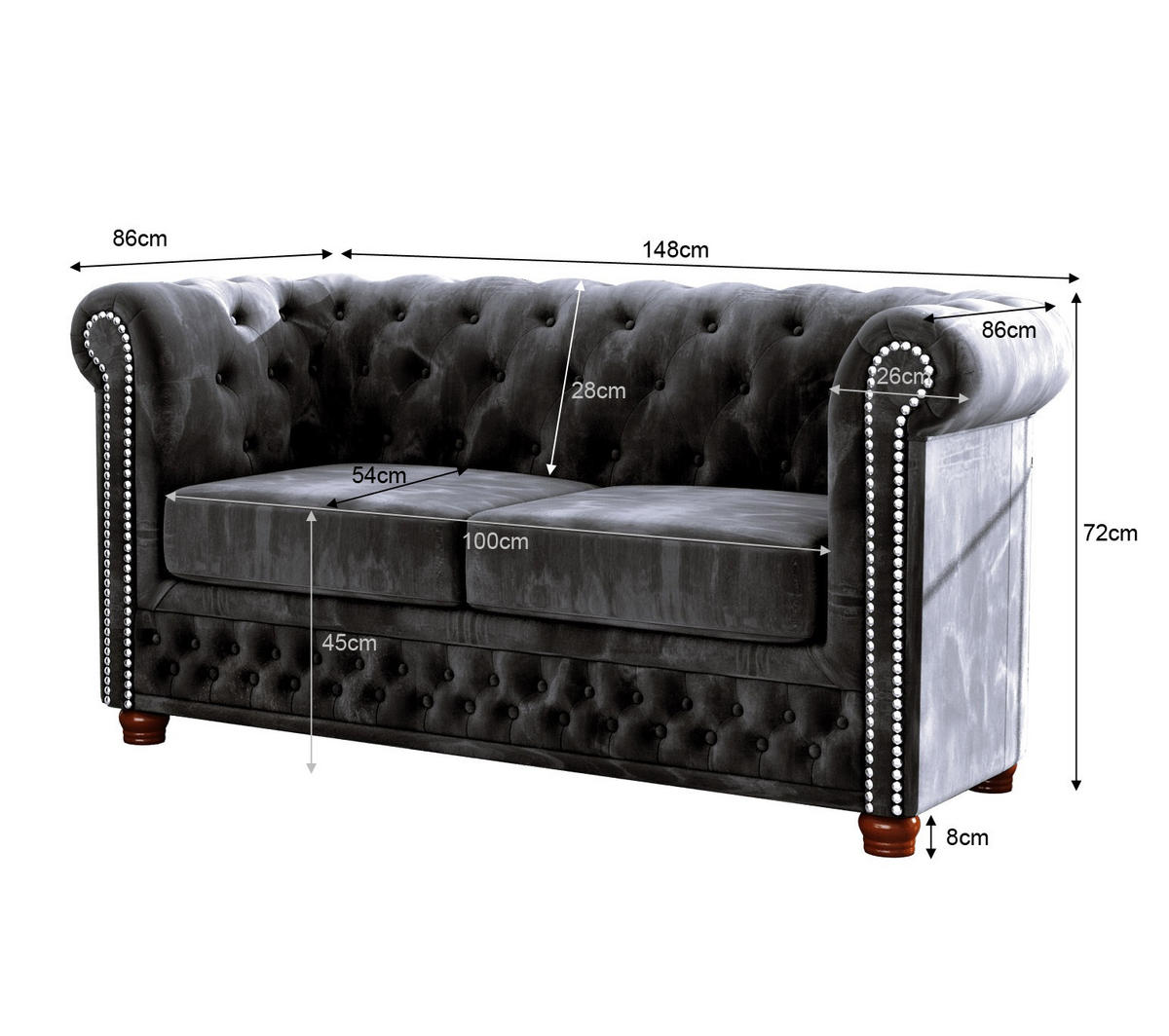 CHESTERFIELD-SOFA 2-sitzer Lauren Schwarz Samt - Schwarz/Braun, Holz/Textil (148/72/86cm) - S-Style Möbel