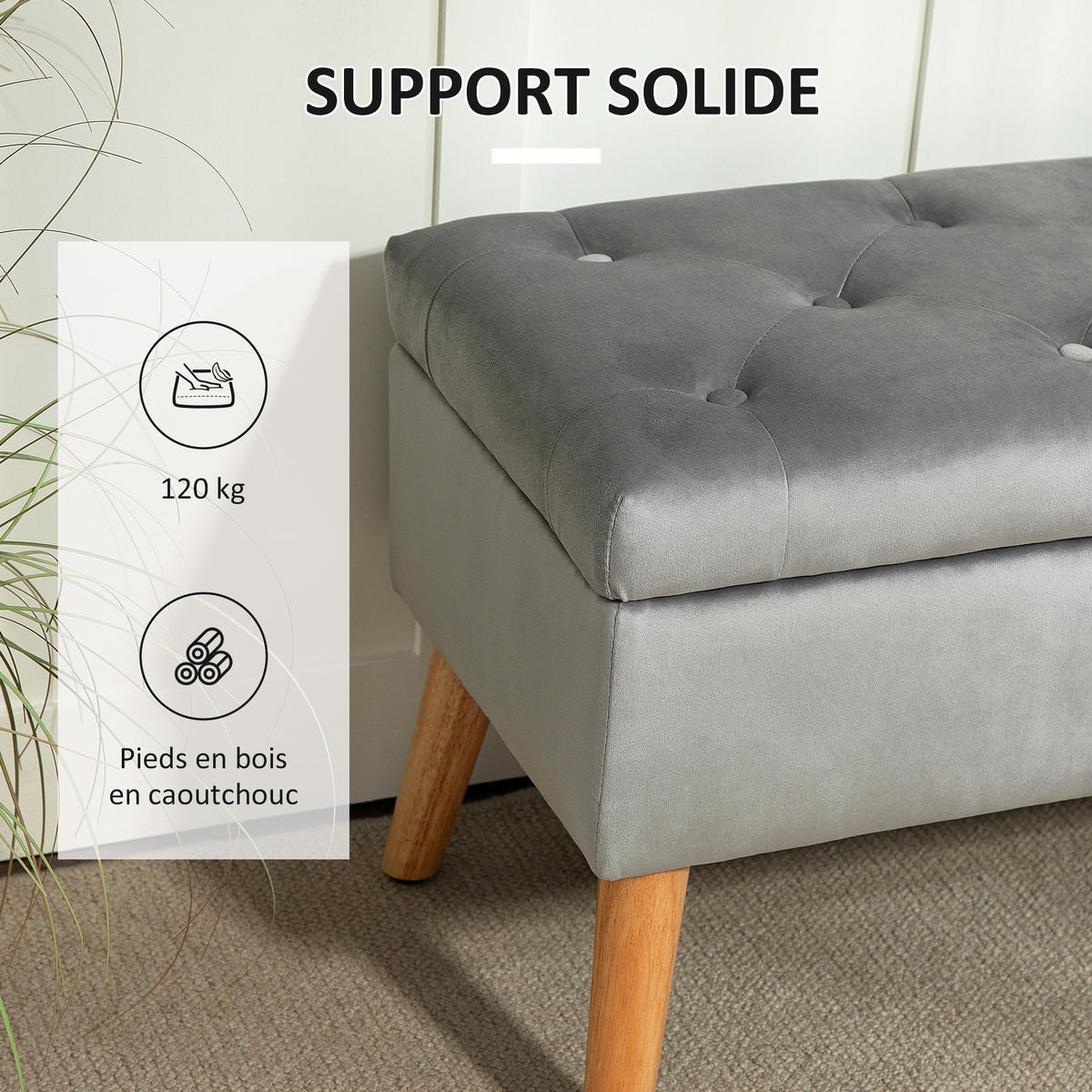 TRUHENBANK DE-16393 mit Stauraum und Samtbezug Grau - Grau, Textil (80/42/35cm) - ComfortXL