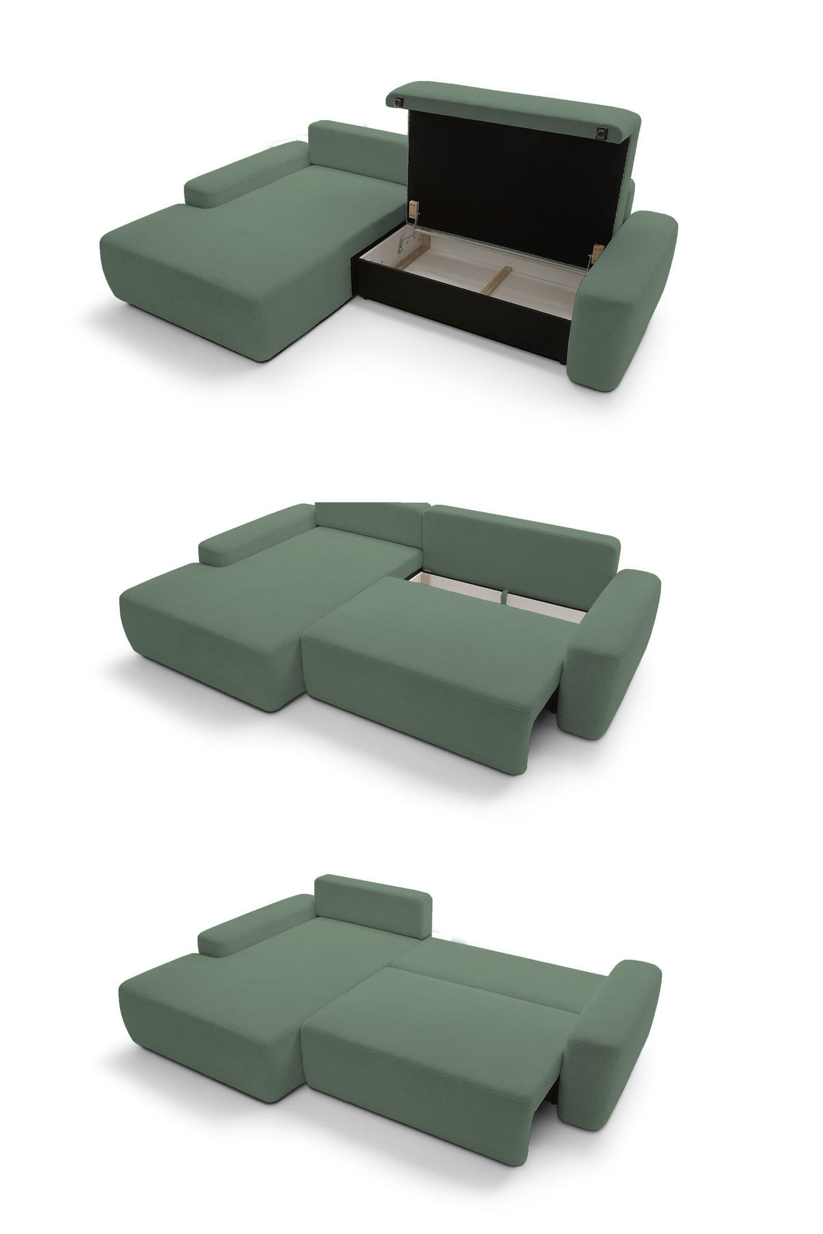 ECKSOFA BOULI 4-Sitzer ECKSOFA BOULI Raven Polstersofa mit Schlaffunktion 130x210cm Bettzeugablage 264x162x82cm linksseitig Farbe: grün - Grün, Holz/Textil (162/264cm) - DomoHome