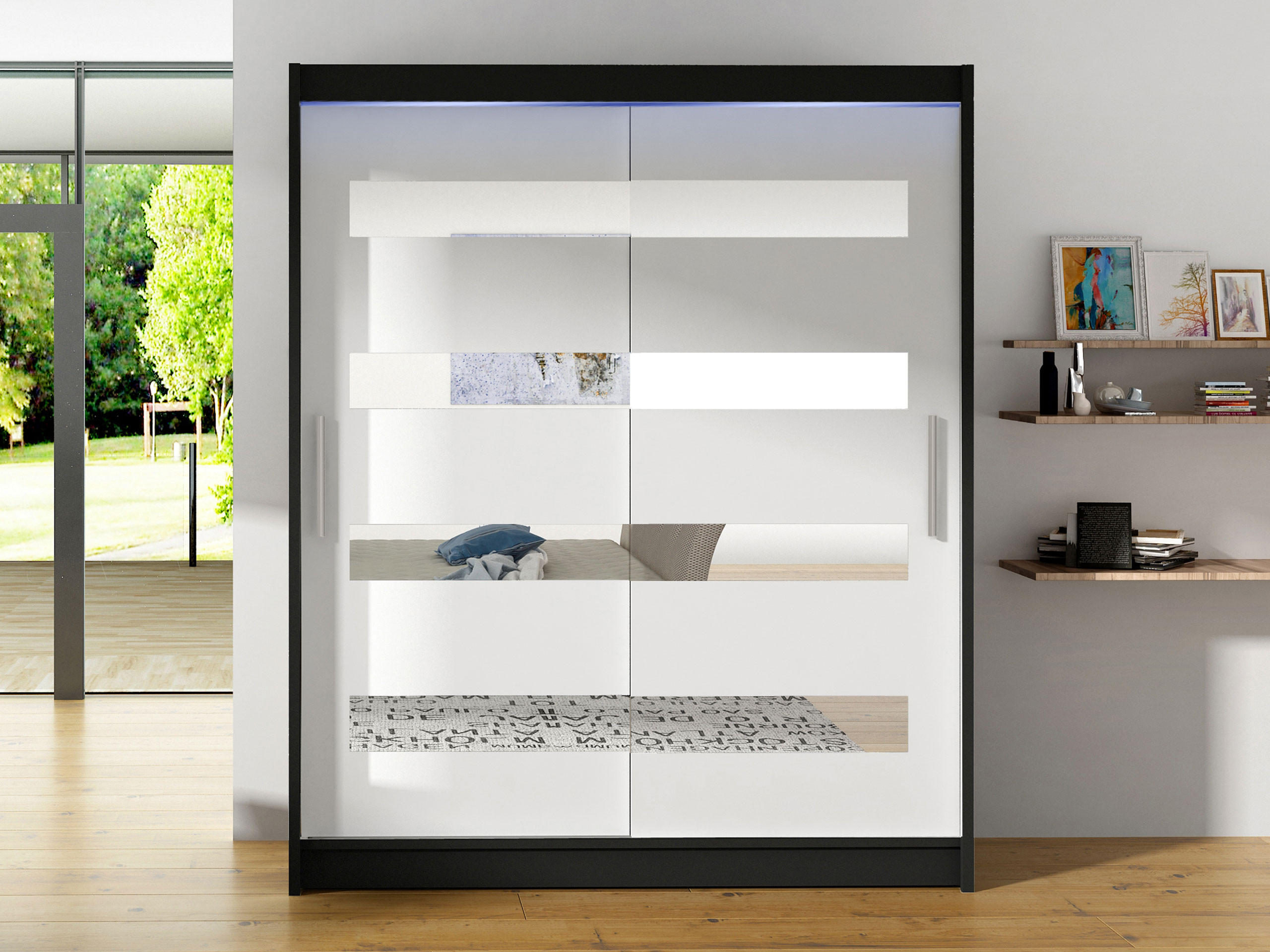 SCHWEBETÜRENSCHRANK Westa XIII, mit RGB LED Beleuchtung - Silberfarben/Multicolor, Holzwerkstoff/Metall (150/200/58cm) - MIRJAN24