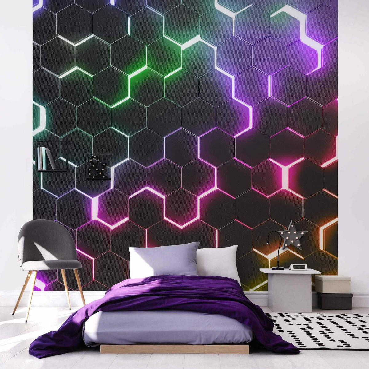 FOTOTAPETE Strukturierte Hexagone mit Neonlicht 240/240 cm - Multicolor, Papier (240/240cm) - Bilderwelten
