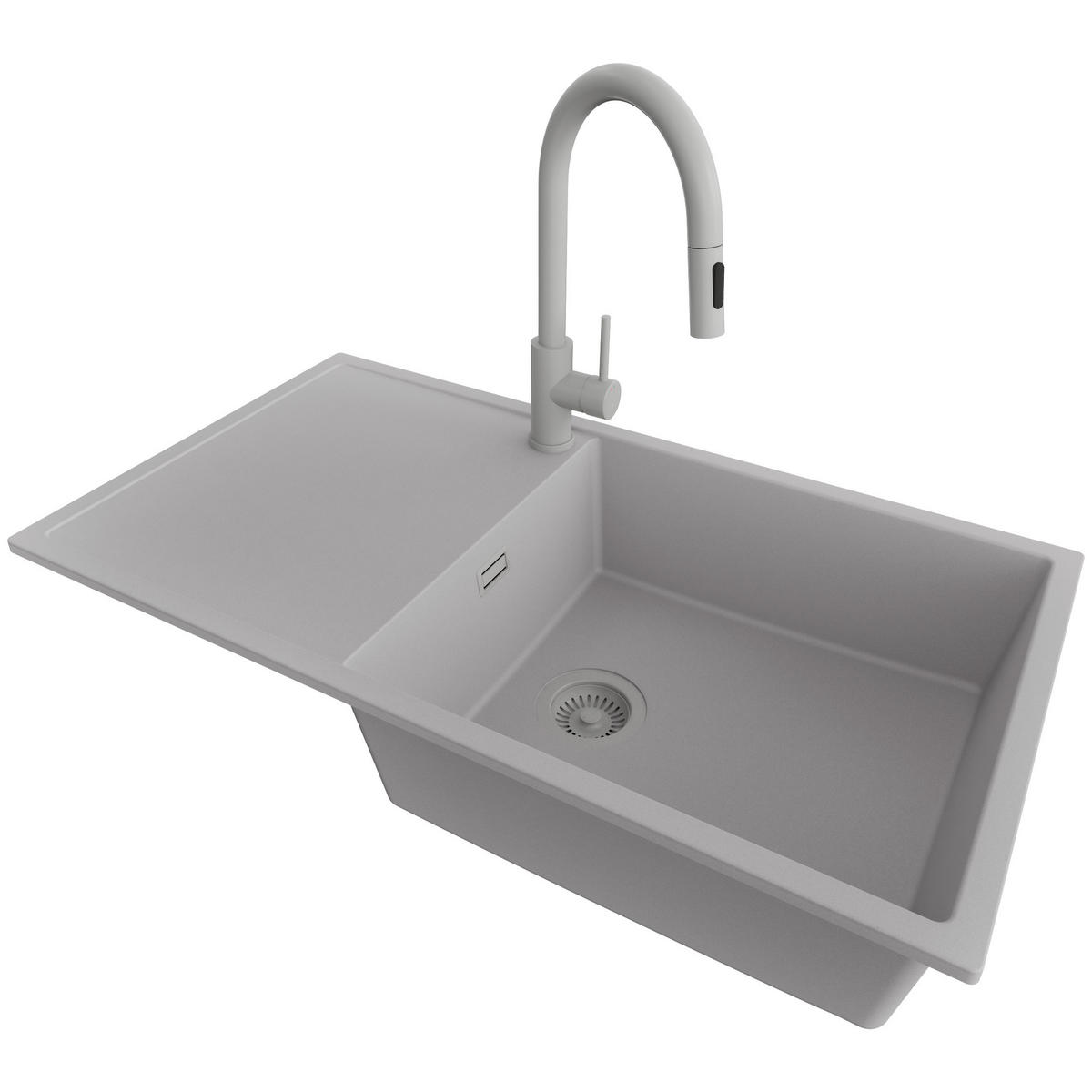 GRANITSPÜLE Ibiza, 2-er set Grau 90/50 cm 1 Becken + Küchenarmatur 40/20 cm + Ablauf-Set ab 60er Unterschrank - Grau, Kunststoff (90/19/50cm) - Primagran