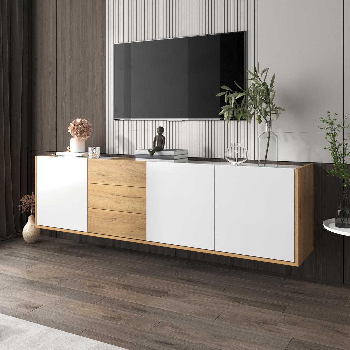 TV-SCHRANK Lowboard Lowboard weiß Holzoptik - Weiß, Holz (171.5/47/35cm) - LEBENLANG