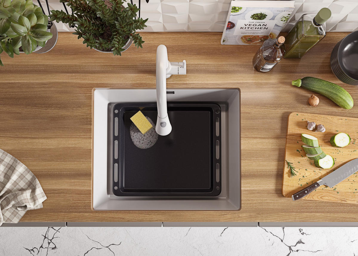 UNTERBAUSPÜLE GRANIT London, 2-er set Weiß 56/47 cm 1 Becken + Küchenarmatur 32/20 cm + Ablauf-Set ab 60er Unterschrank - Chromfarben/Weiß, Kunststoff (56/20/47cm) - Primagran