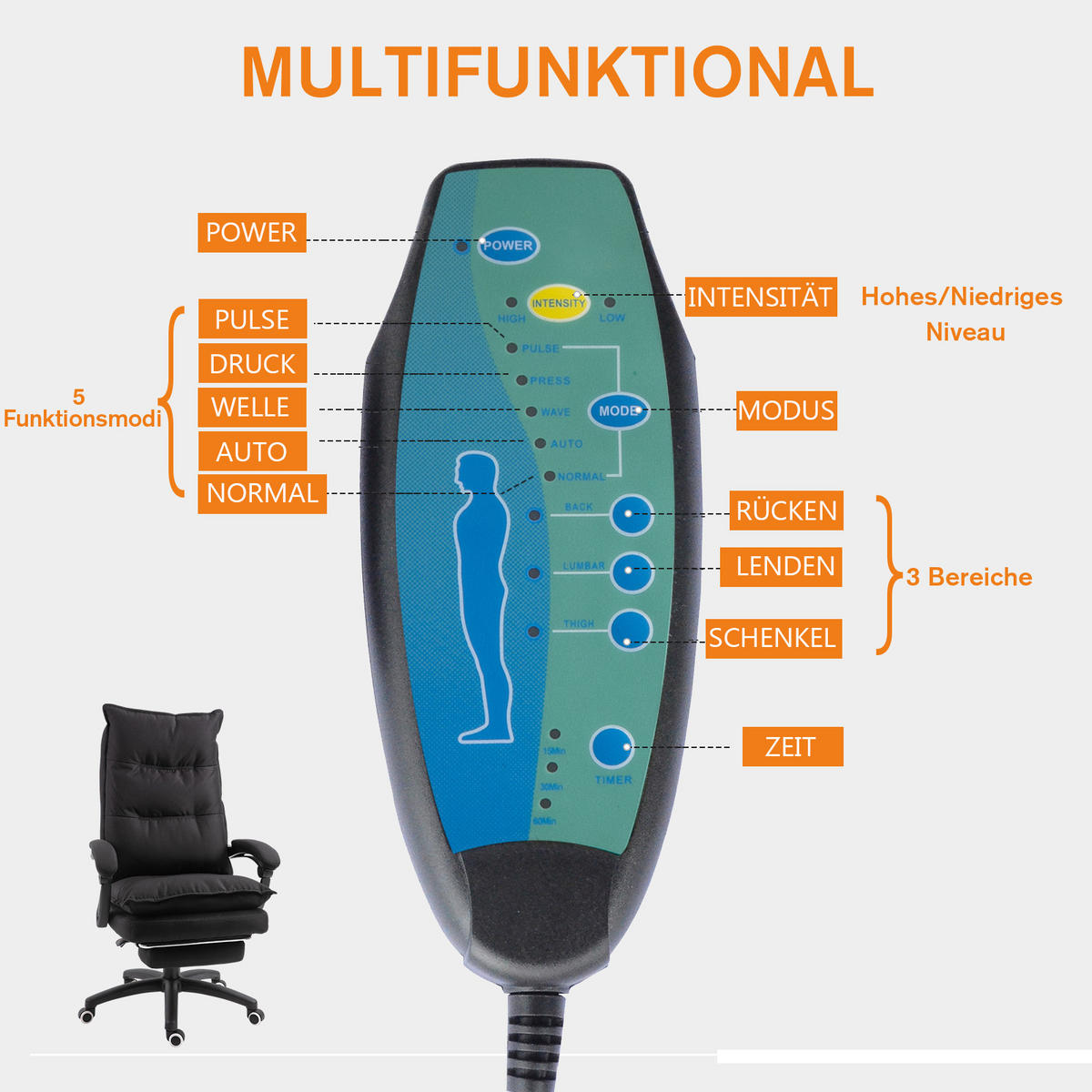 BÜROSTUHL mit Massagefunktion, Ergonomischer Schreibtischstuhl, Schwarz - Schwarz, Kunststoff (62/130/70cm) - Vinsetto