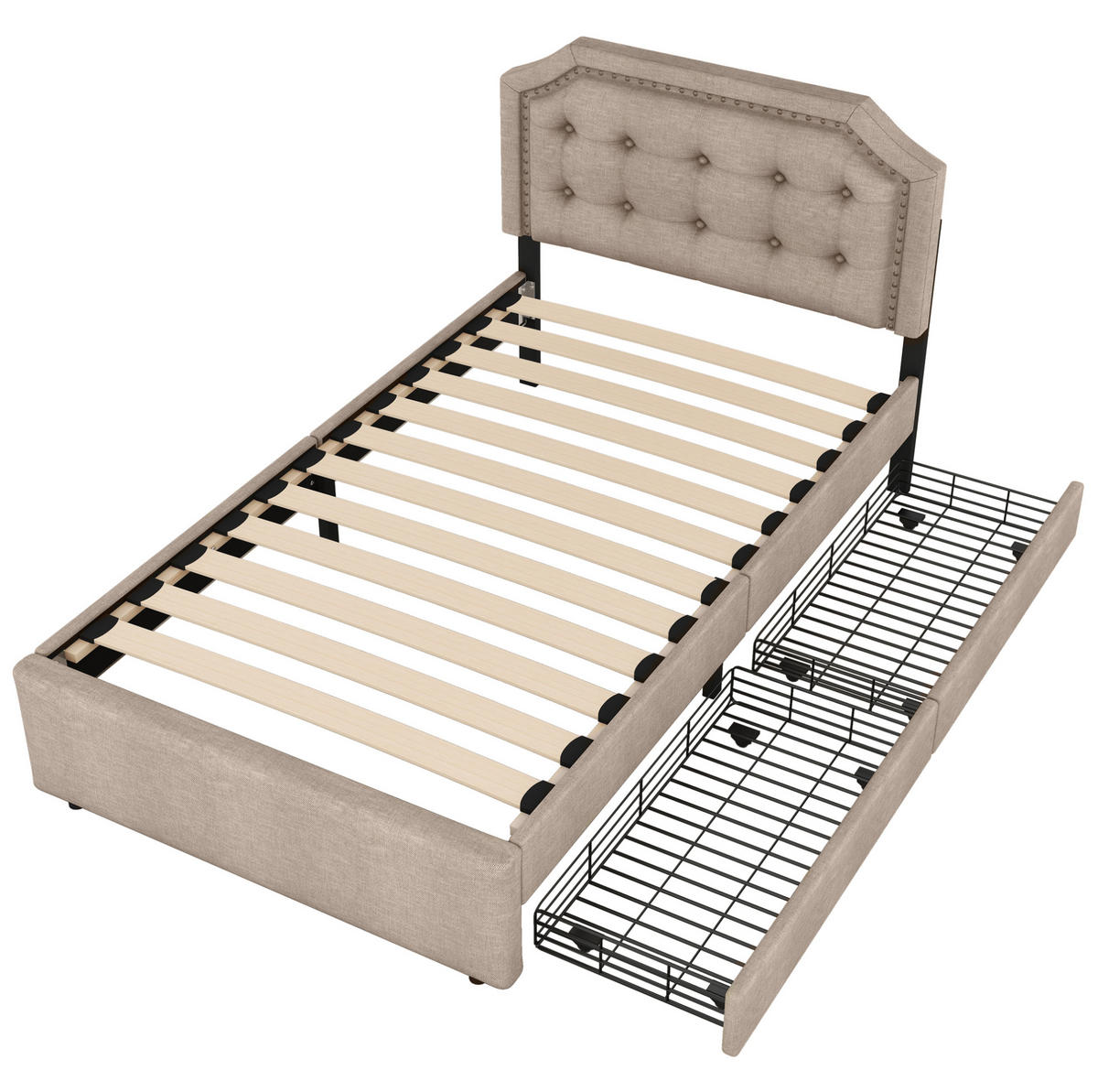 POLSTERBETT 90/200 cm Dunkelbeige mit Aufbewahrung und Zierknöpfen - Beige, Textil (90/200cm) - OKWISH