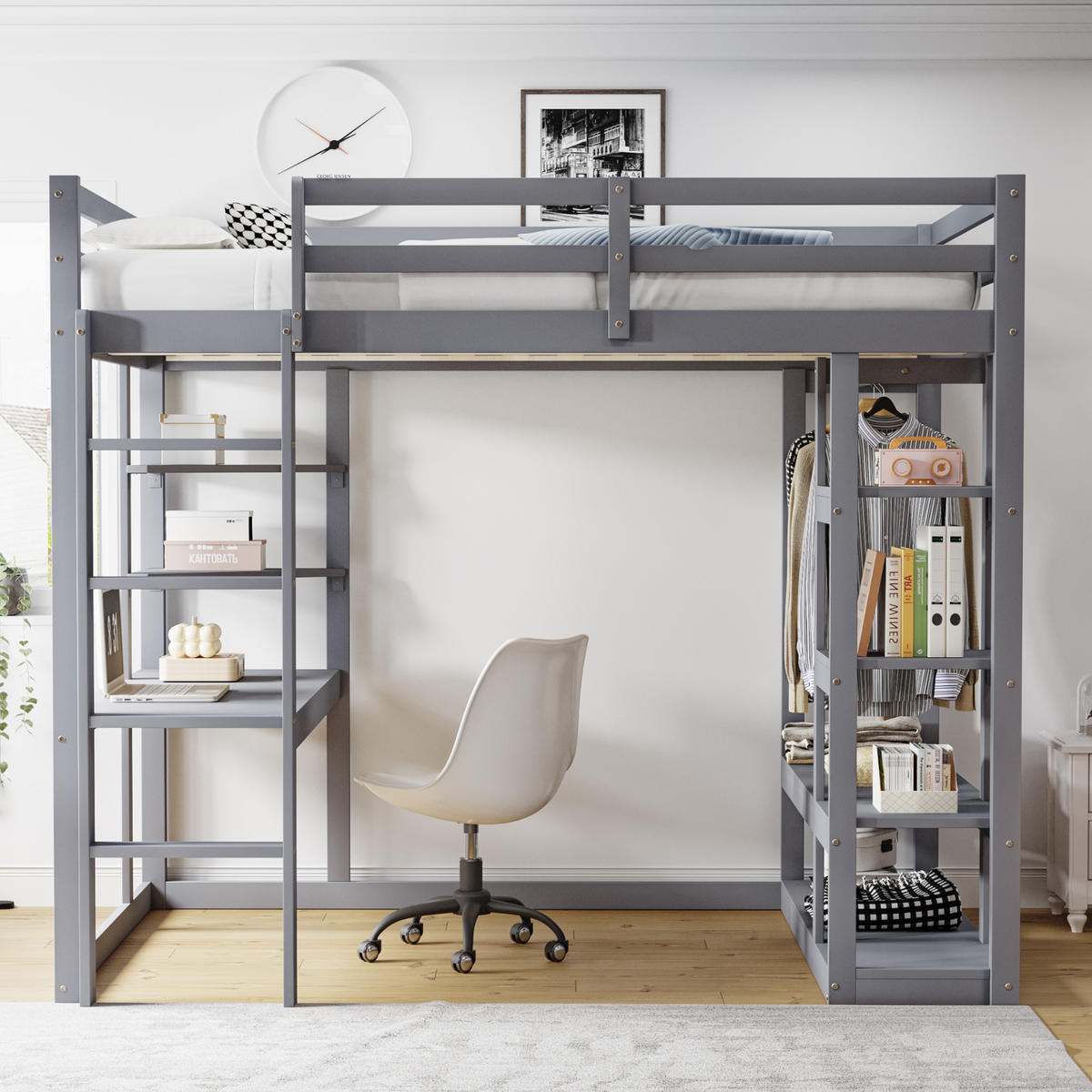 HOCHBETT 140x200 Massivholz Leiter Tisch Regale Ablage Grau - Grau, Holzwerkstoff - FLIEKS