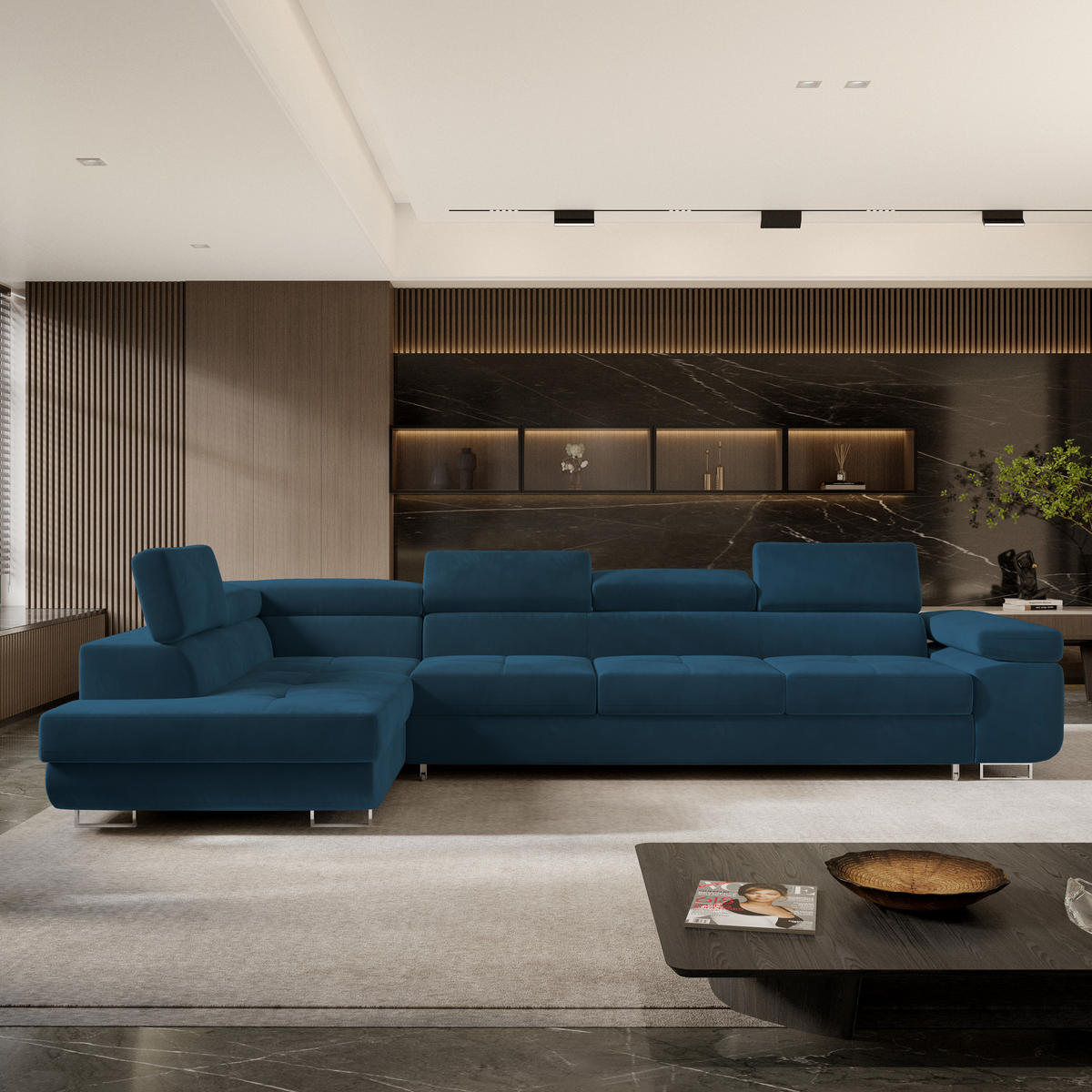 ECKSOFA VICENTE Blau Velours-Stoff mit Schlaffunktion - Blau, Holz (346/202cm) - MASSENO