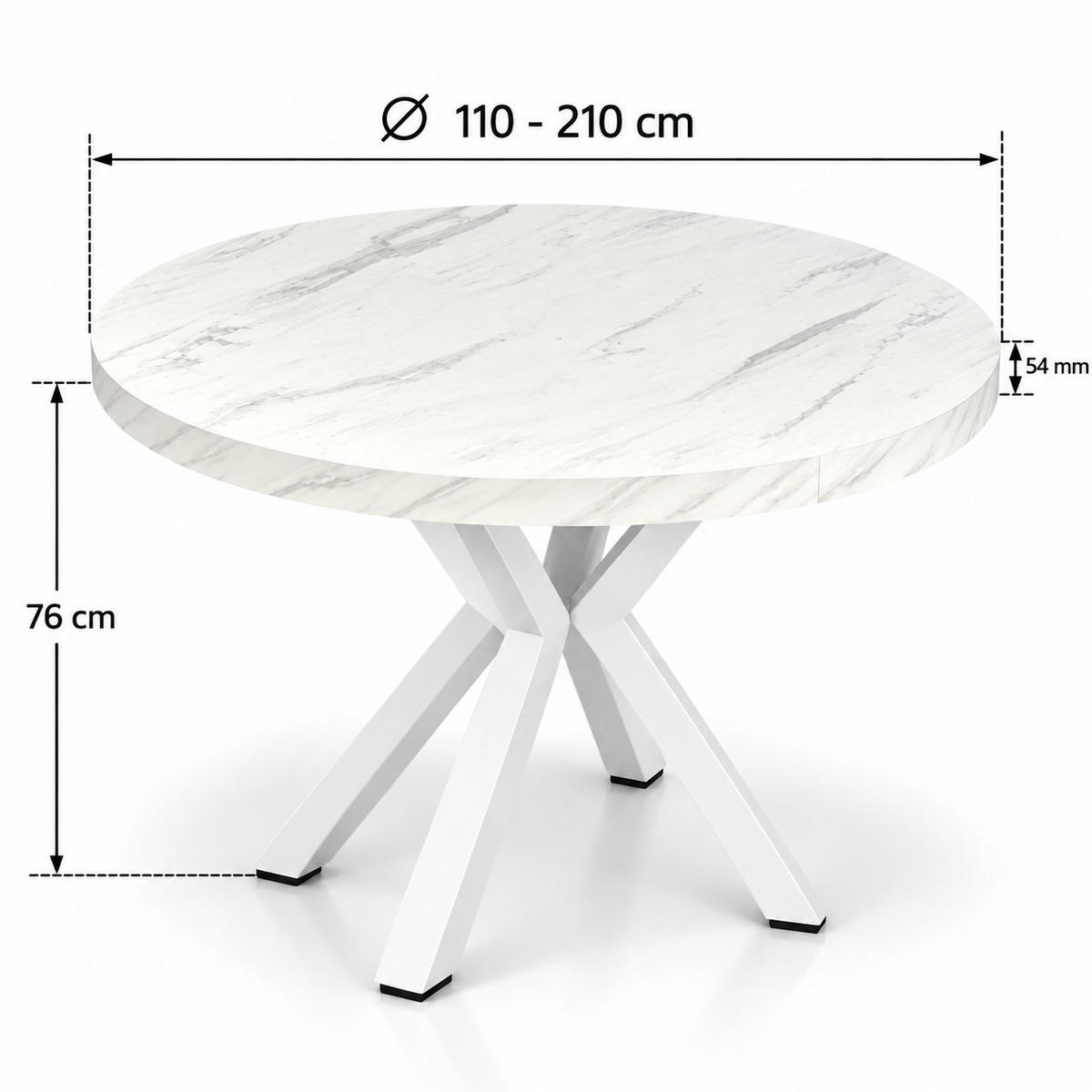 ESSTISCH rund ausziehbar 110/210/76 cm, Marmoroptik, 54 cm Tischplatte + Metall Weiß - Hellgrau/Weiß, Holzwerkstoff/Metall (110/210/76cm) - Damale Möbel