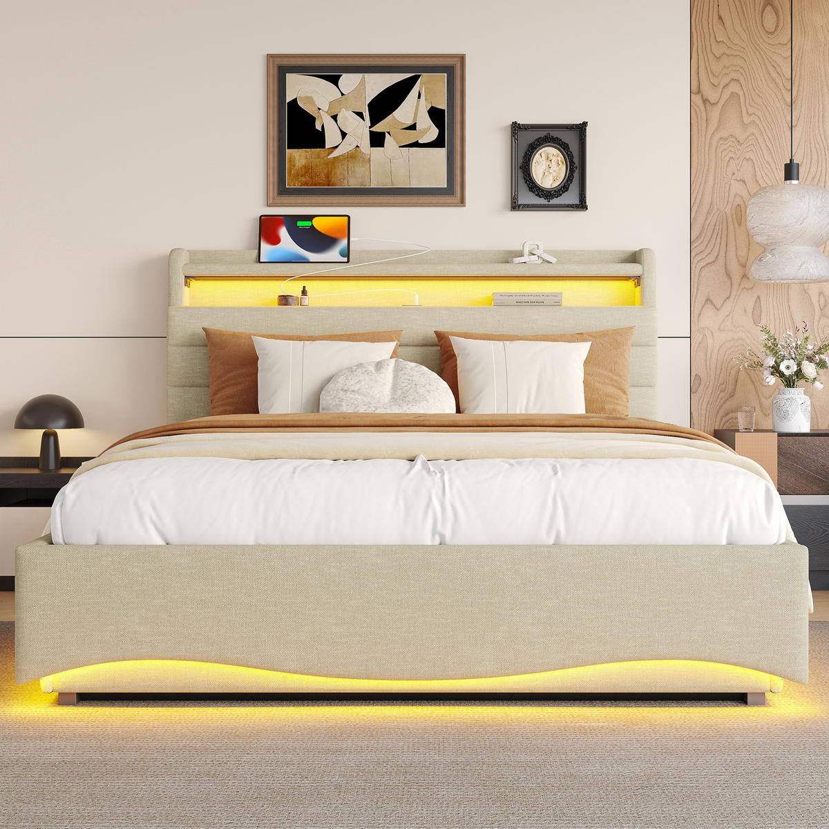 POLSTERBETT 140/200 cm mit LED-Beleuchtung und Bettkasten, Leinenbezug Grau - Grau, Textil (140/200cm) - BEAOK