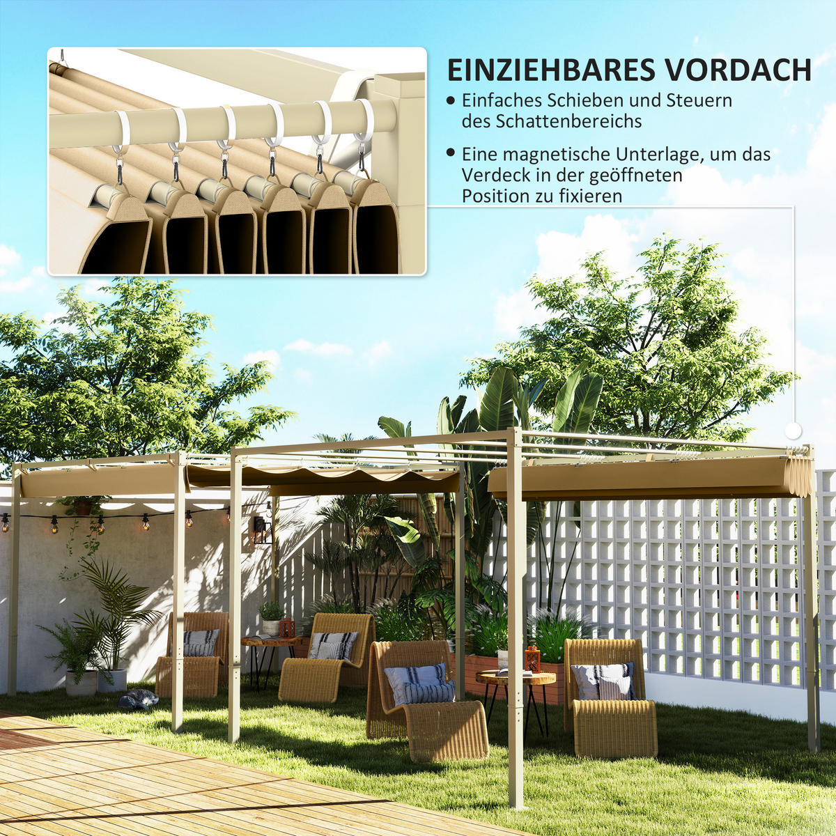 PERGOLA mit einziehbarem Dach Khaki 298/297/221 cm - Beige, Textil/Metall (297/221/298cm) - Outsunny