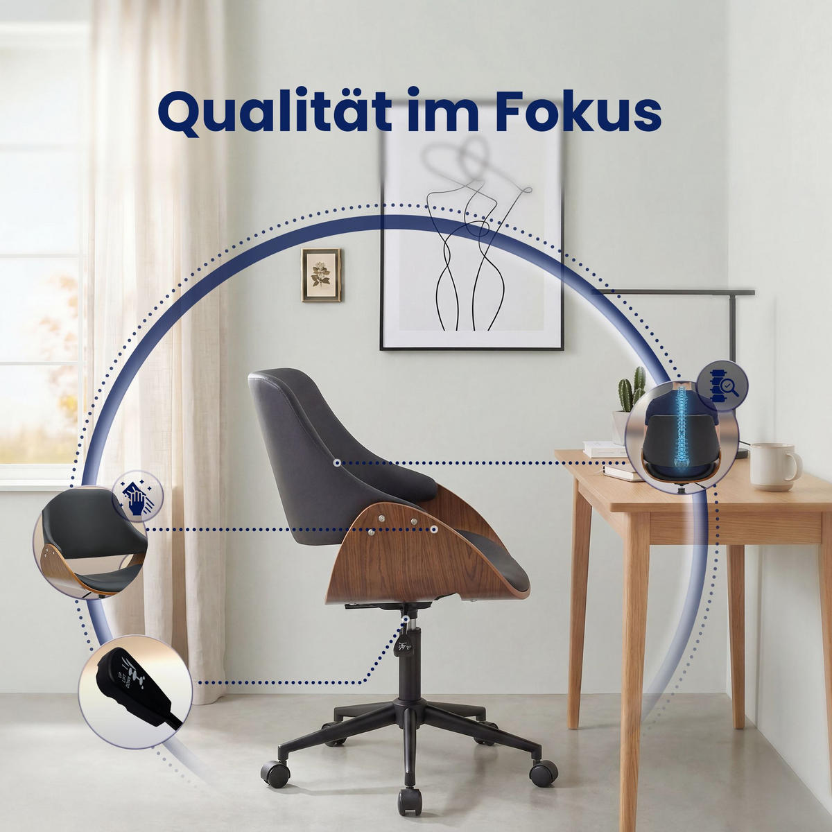 DREHSTUHL Lederlook Walnuss/Schwarz - Walnussfarben/Schwarz, Textil/Metall (52/81/56cm) - CLP