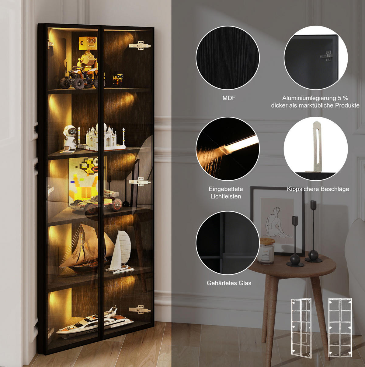 HIGHBOARD 62/160/35 cm Schwarz aus MDF und Glas mit LED-Beleuchtung - Schwarz, Holzwerkstoff (35/160/62cm) - OKMYHOME