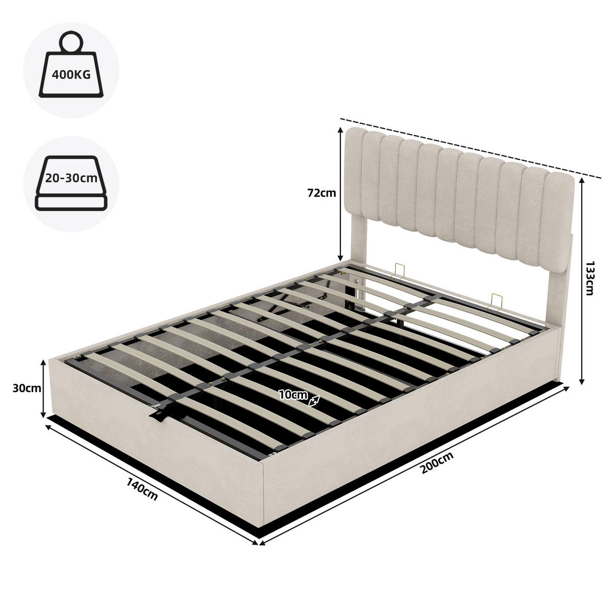 POLSTERBETT 140/200 cm in Beige Samt - Beige, Holzwerkstoff/Textil (140/200cm) - WISHDOR