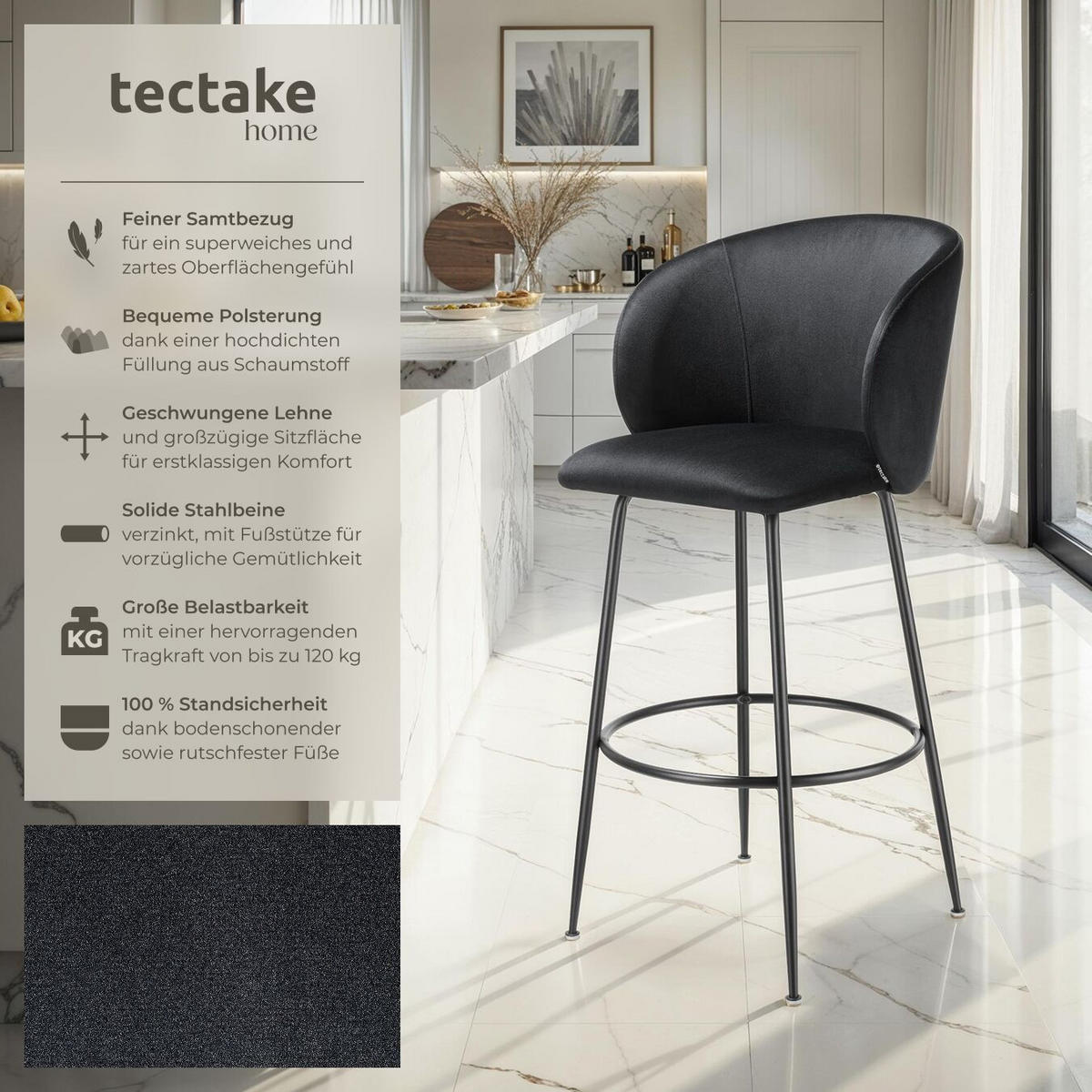 BARSTUHL Luana,51 x 60 x 106 cm, Belastbarkeit 120 kg,schwarz/schwarz - Schwarz, Kunststoff/Textil (51/106/60cm) - tectake