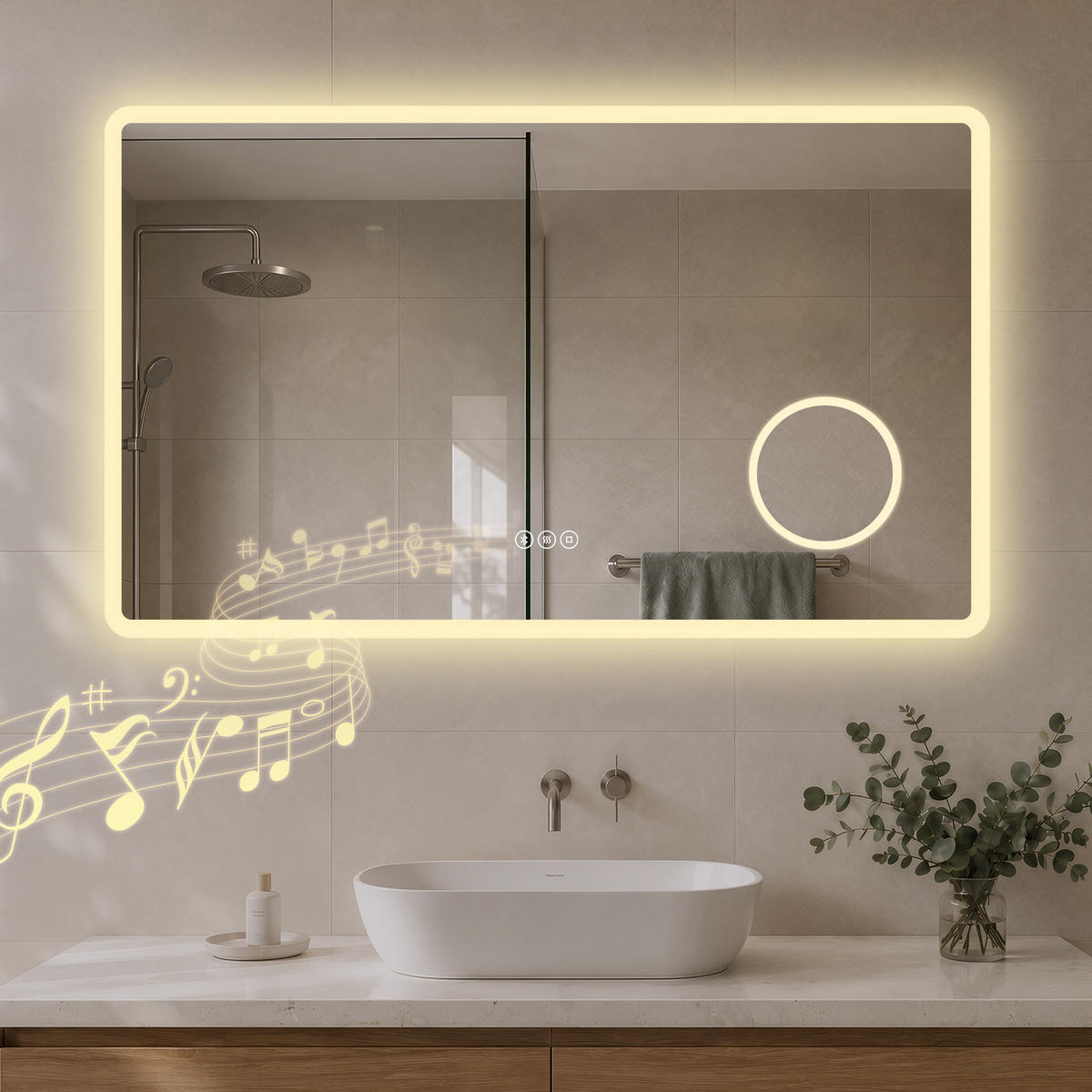 BADSPIEGEL mit Beleuchtung 60/100 cm rechteckig LED, Bluetooth, Vergrößerungsspiegel, Antibeschlag - Transparent, Glas (100/60/3.5cm) - S'AFIELINA