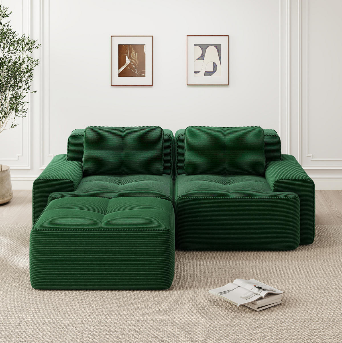 ECKSOFA 204/104/69 cm grün aus Cord mit Tiefsitz und flexibler Ottomane - Grün, Textil (177/204cm) - OKWISH