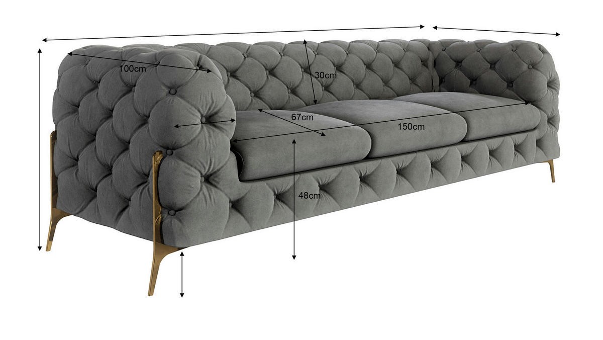 SITZGARNITUR 3+2+1 Chesterfield Lexi Grau Samt - Goldfarben/Grau, Holz/Textil (243/75/100cm) - S-Style Möbel