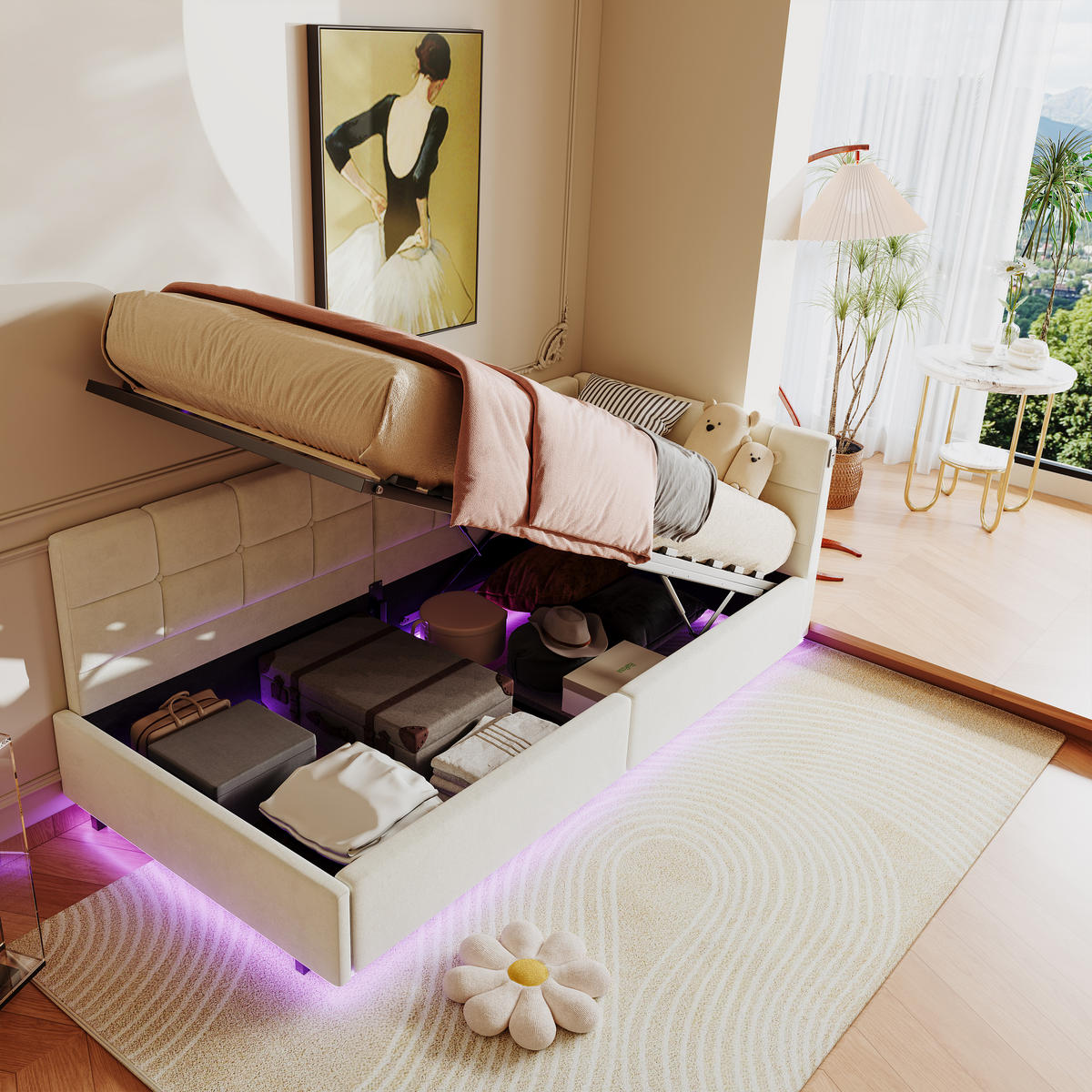 POLSTERBETT 90x200 cm Beige mit hydraulischem Stauraum, LED Beleuchtung, Eckbett mit Rückenlehne - Beige, Metall (90/200cm) - EuroLiving