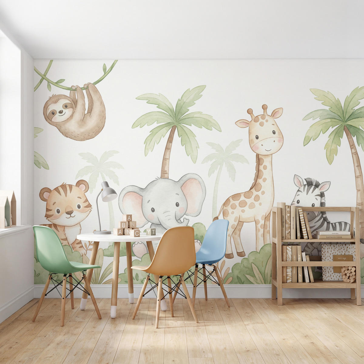 KINDERTAPETE - Tiere - Dschungel - Pastell - 300x200 cm - Weiß, Papier (300/200cm) - OnlyWow