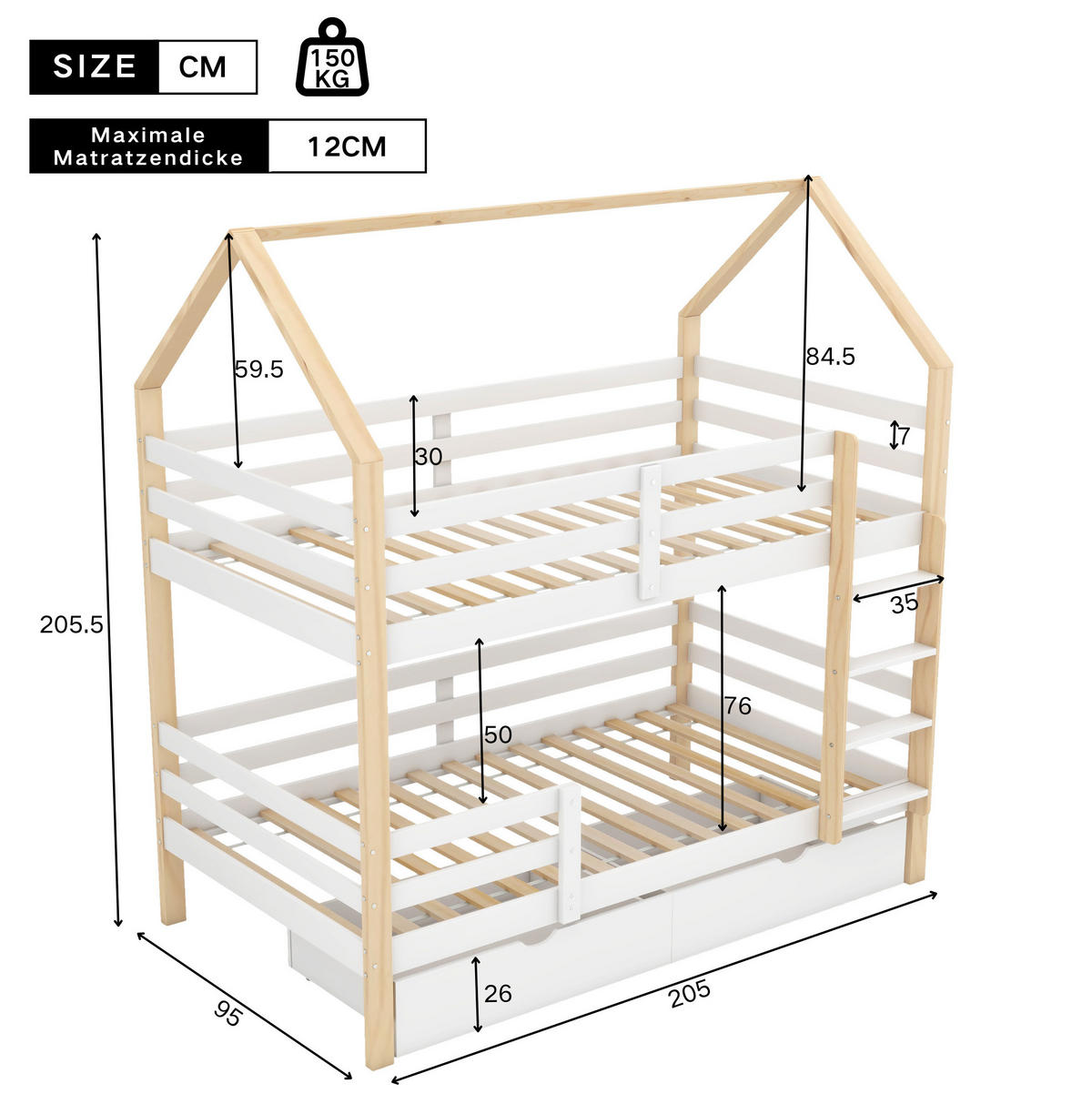 KINDERBETT in Hausform 90/200 cm mit Lattenrost, Rundum-Schutz und 2 Schubladen, Weiß/Eichefarben - Weiß, Holz (90/200cm) - Redom