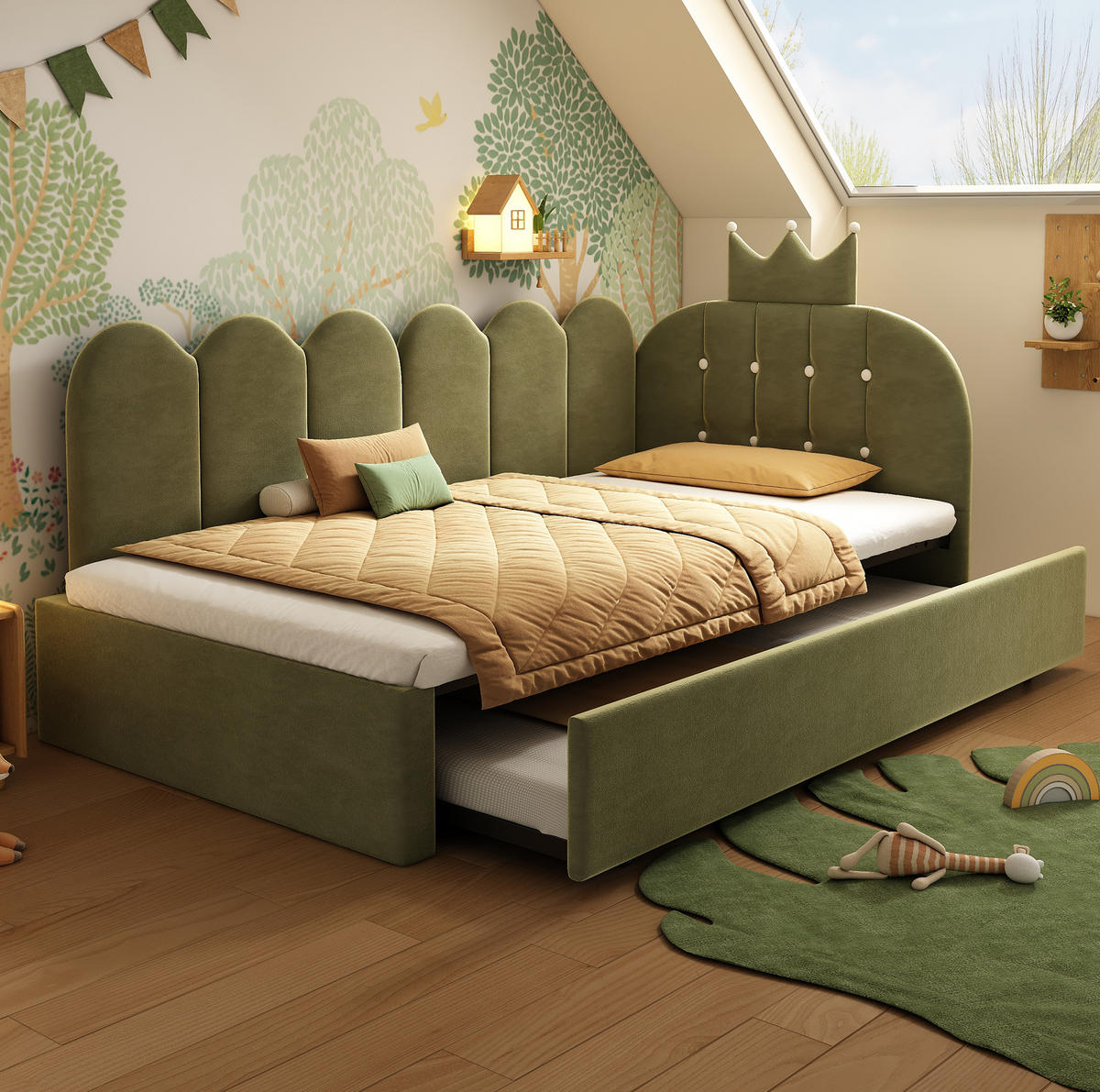 TAGESBETT aus Samt 90x200 cm Grün mit Ausziehbett 90x190 cm und Kronen-Gitterdesign - Grün, Textil (90/200cm) - IVMEU