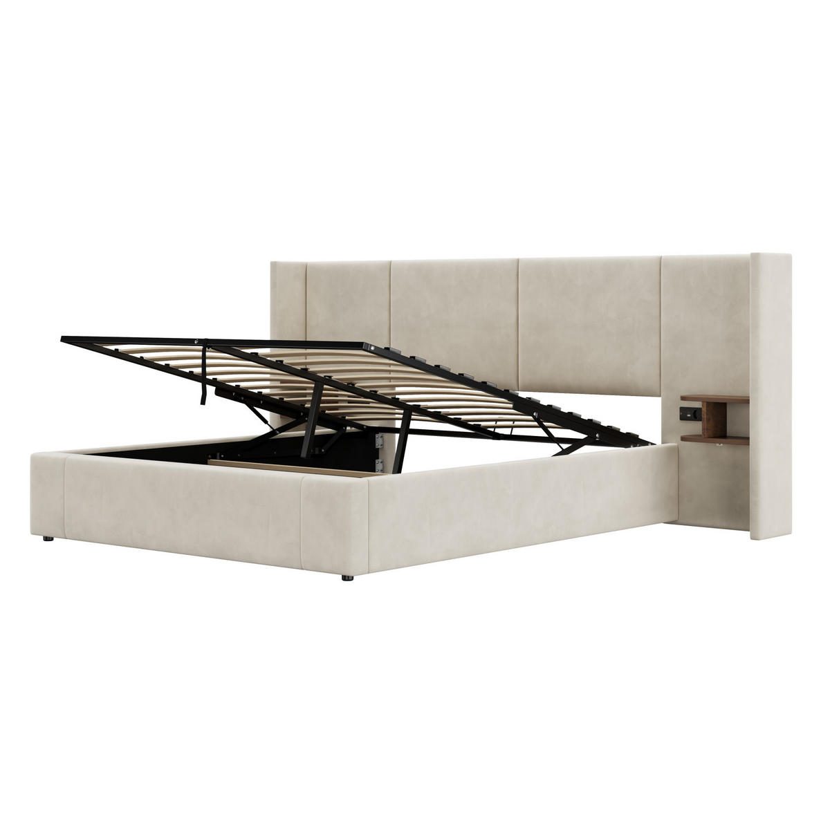 POLSTERBETT aus Samt 160x200 cm Beige mit Bettkasten, USB-Anschlüssen, Steckdosen und 2 Nachttischen - Beige, Textil (160/200cm) - IVMEU