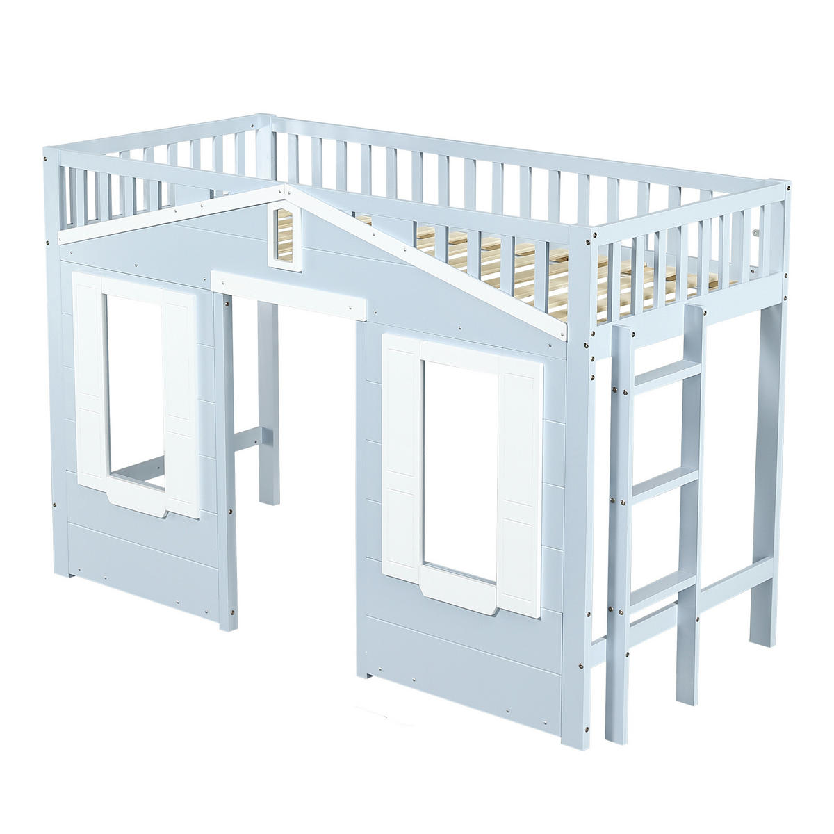 HOCHBETT 90/200 cm in Weiß & Blau mit Fenstergestaltung und flexibel montierbarer Treppe - Blau, Holz/Holzwerkstoff (90/200cm) - CHICFURN