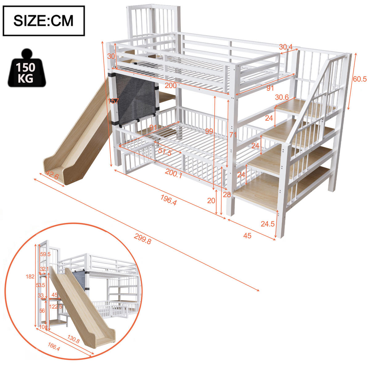 METALL-ETAGENBETT Kinder Weiß 90/200 cm mit Rutsche und Stauraumtreppe - Weiß, Metall - ComfortXL