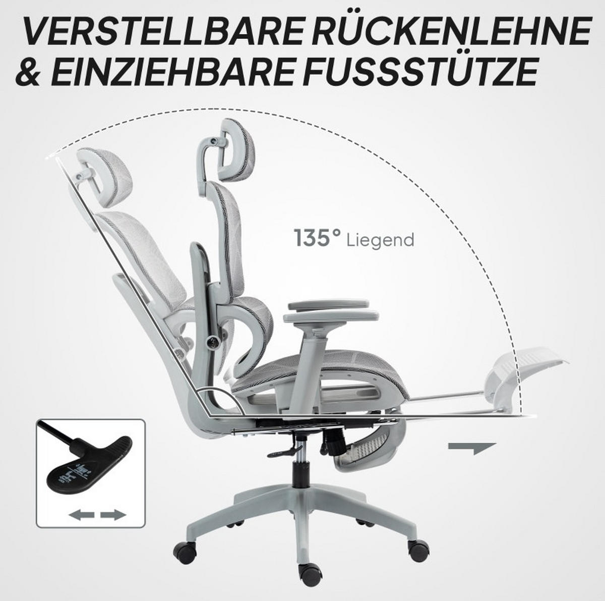 BÜROSTUHL ergonomisch verstellbar 66 x 64 x 114-122 cm Grau - Grau, Kunststoff (64/122/66cm) - Meubliv